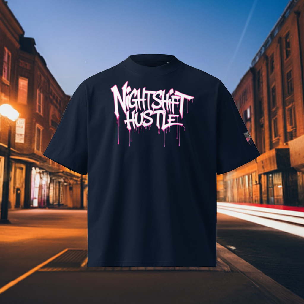 Nightshift Hustle oversized statement shirt made from organic cotton, featuring bold graffiti-style text design.