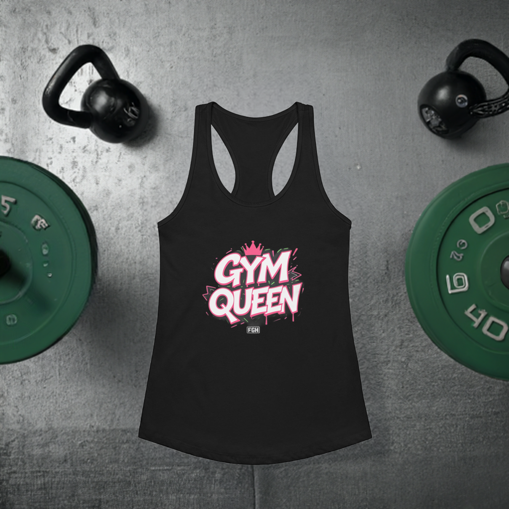 Fitted black racerback tank top with bold pink graffiti embroidery reading ‘GYM QUEEN’, displayed in a gym environment – premium athletic streetwear for women by FGH