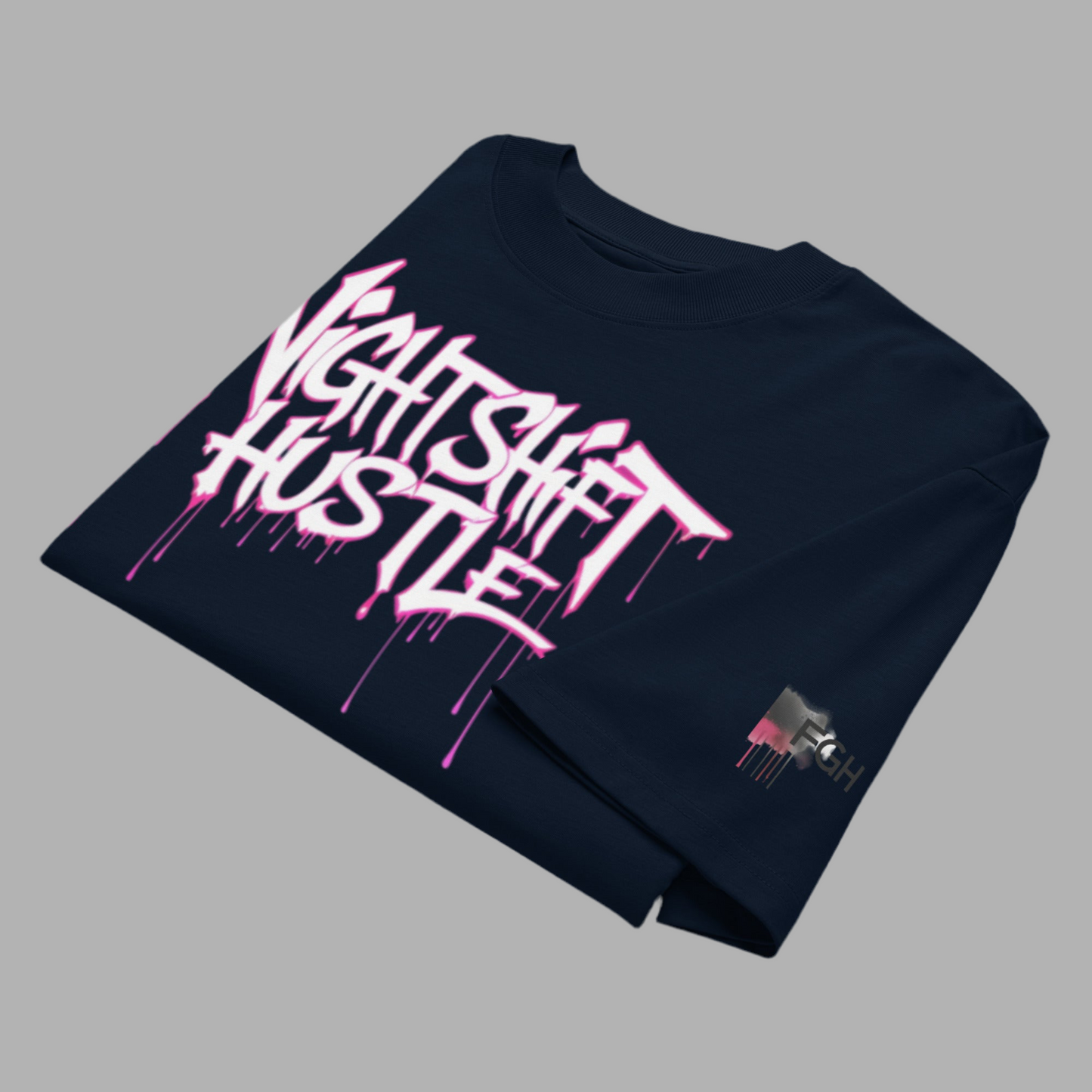 Nightshift Hustle oversized statement shirt made from organic cotton, featuring bold graffiti-style text design.