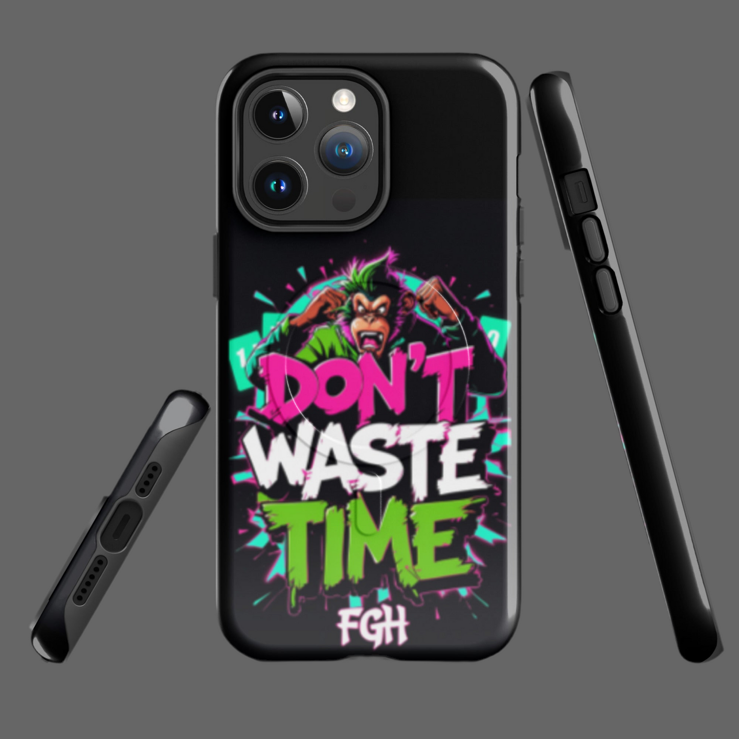 Don’t Waste Time iPhone MagSafe tough case featuring urban graffiti monkey design.