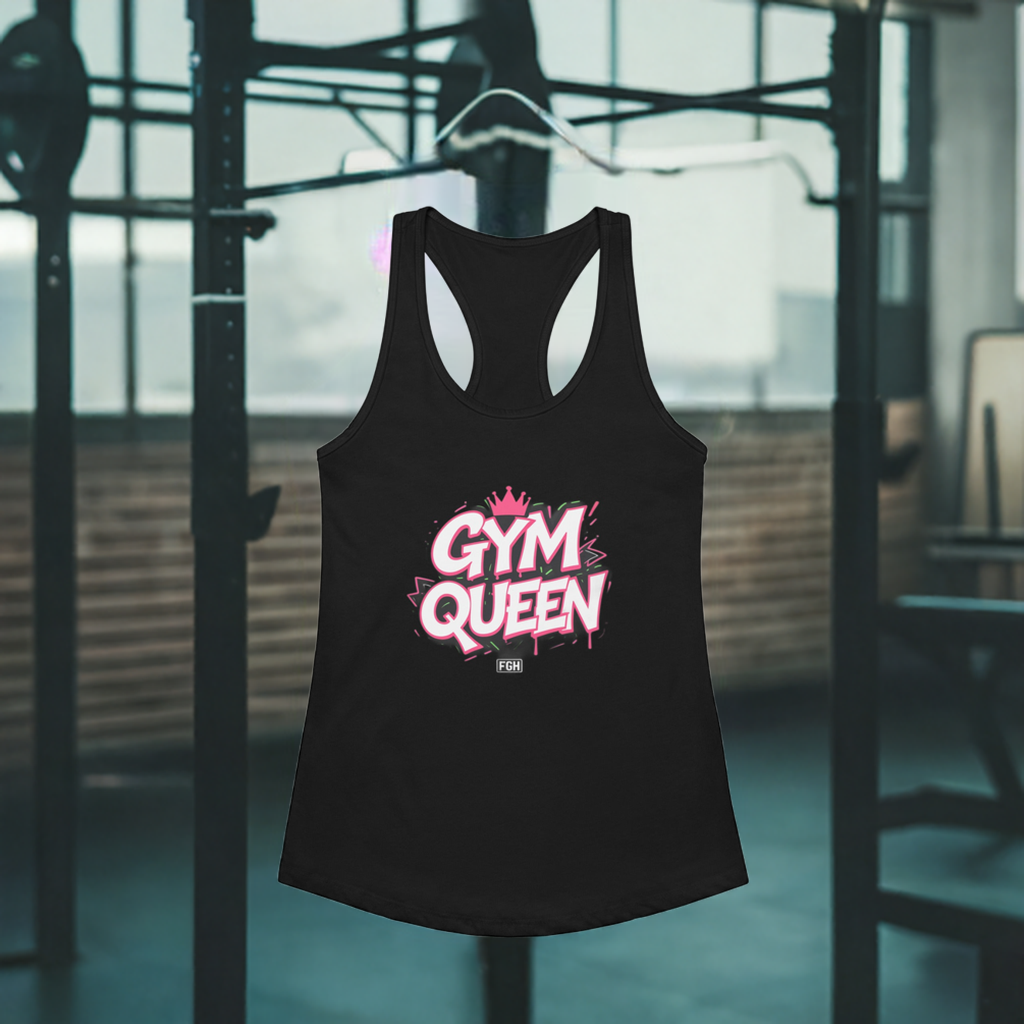 Fitted black racerback tank top with bold pink graffiti embroidery reading ‘GYM QUEEN’, displayed in a gym environment – premium athletic streetwear for women by FGH