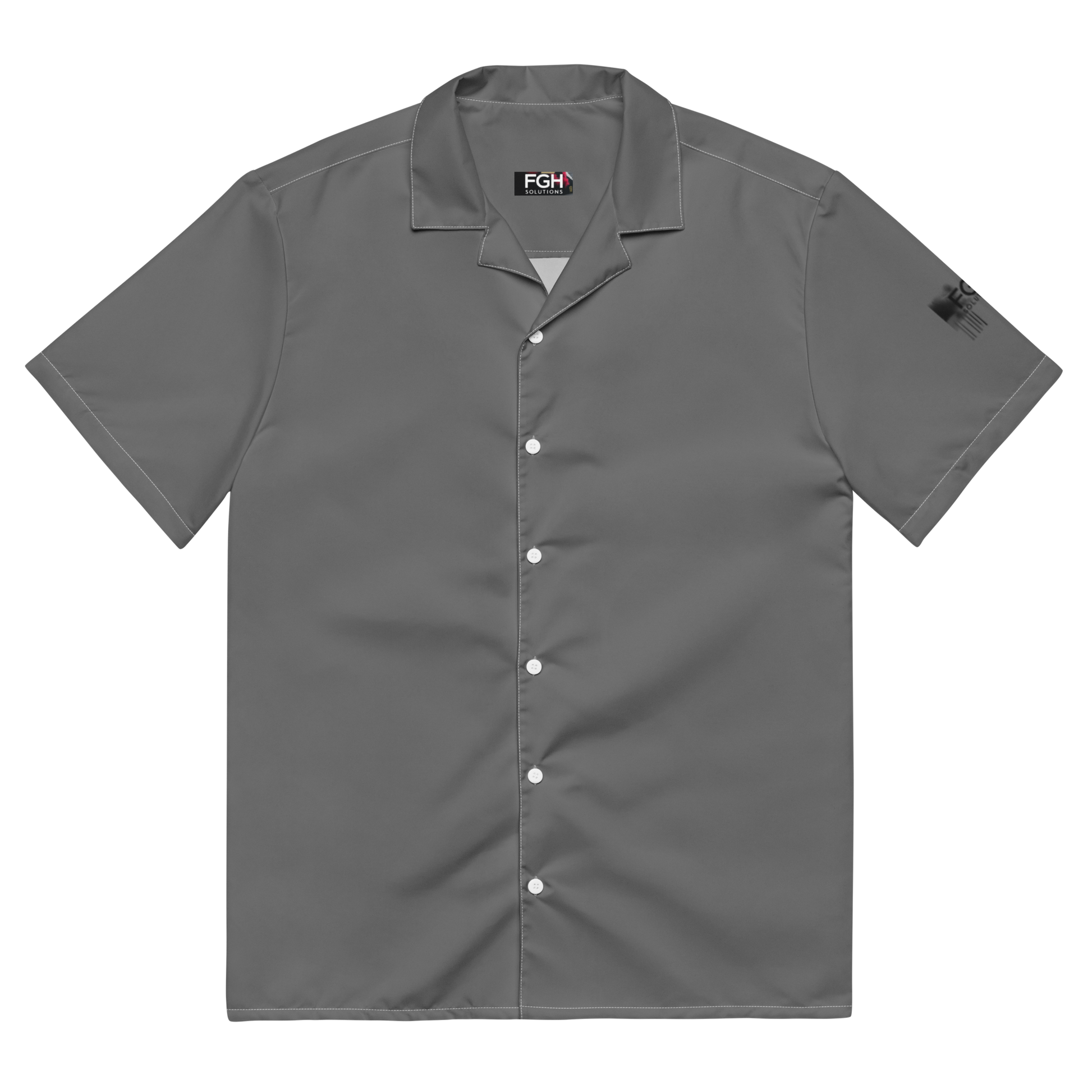Front and side view of the FGH Raccoon City Jungle Hustle unisex button shirt in grey with bold graffiti-style backprint and urban raccoon design.