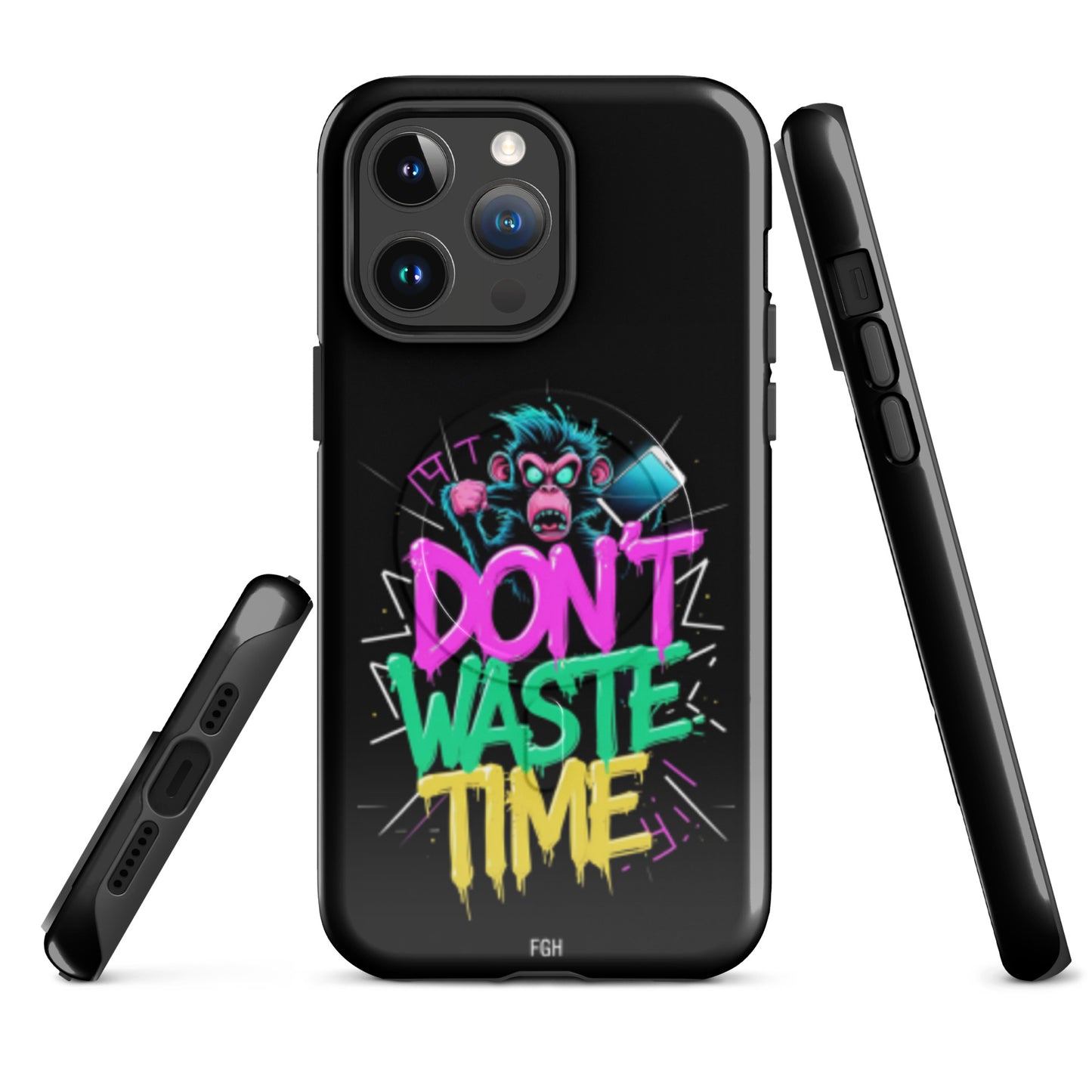 Don’t Waste Time iPhone MagSafe tough case featuring urban graffiti monkey design.