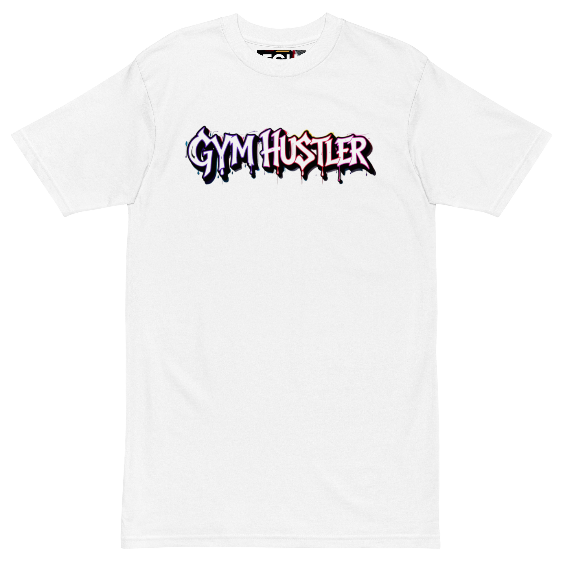 90s Muscle Sport – Gym Hustler heavyweight cotton t-shirt with neon graffiti lettering and Power Ranger hatching artwork, premium streetwear for training and lifestyle