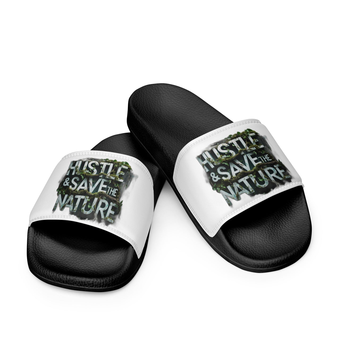 Stay Hustle & Save the Nature slides, premium unisex summer beach sandals with graffiti design.