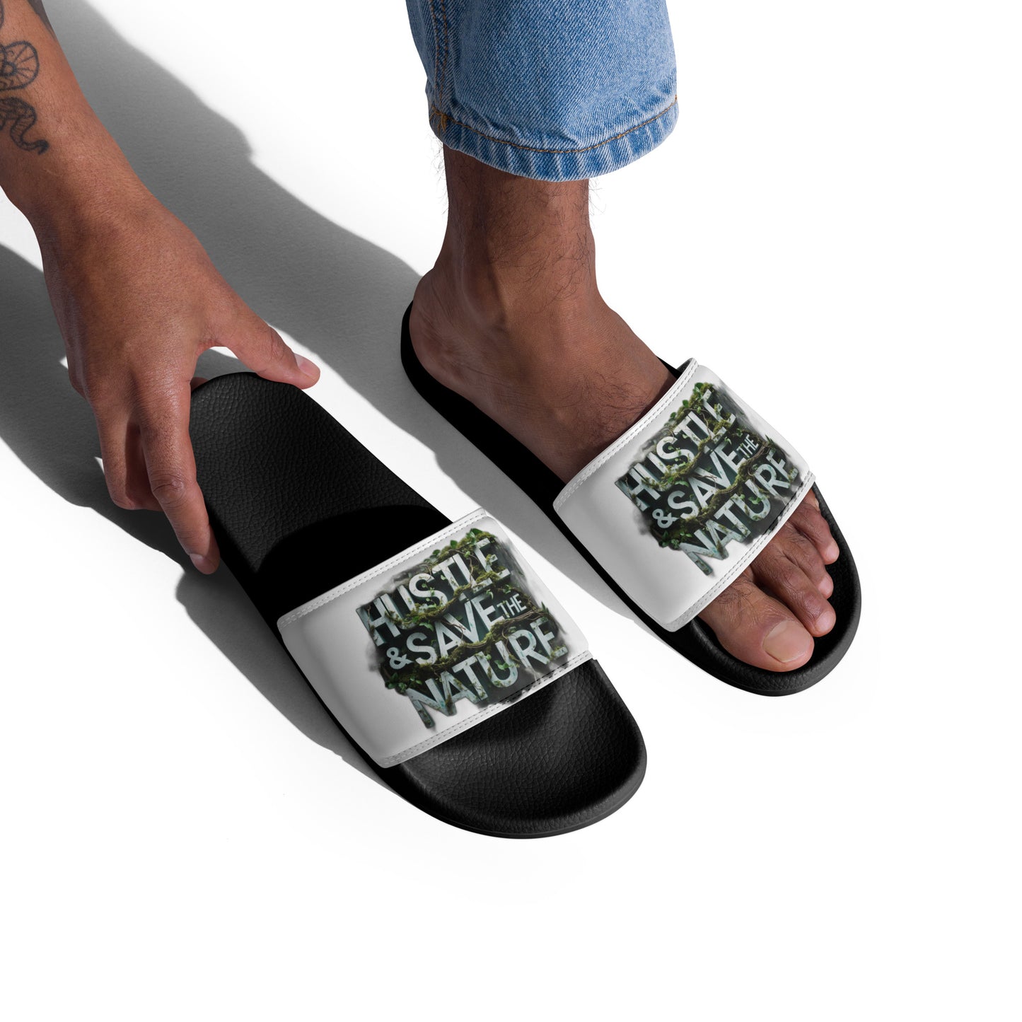 Stay Hustle & Save the Nature slides, premium unisex summer beach sandals with graffiti design.