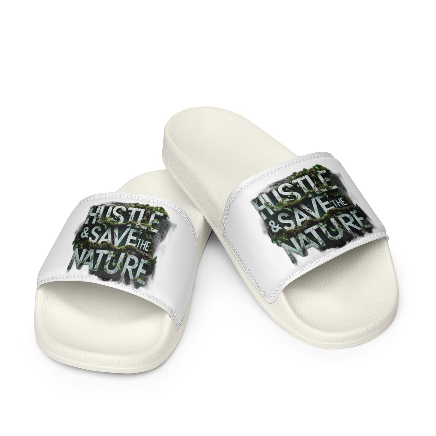 Stay Hustle & Save the Nature slides, premium unisex summer beach sandals with graffiti design.