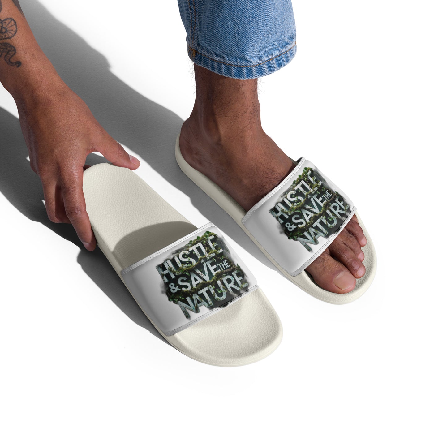 Stay Hustle & Save the Nature slides, premium unisex summer beach sandals with graffiti design.