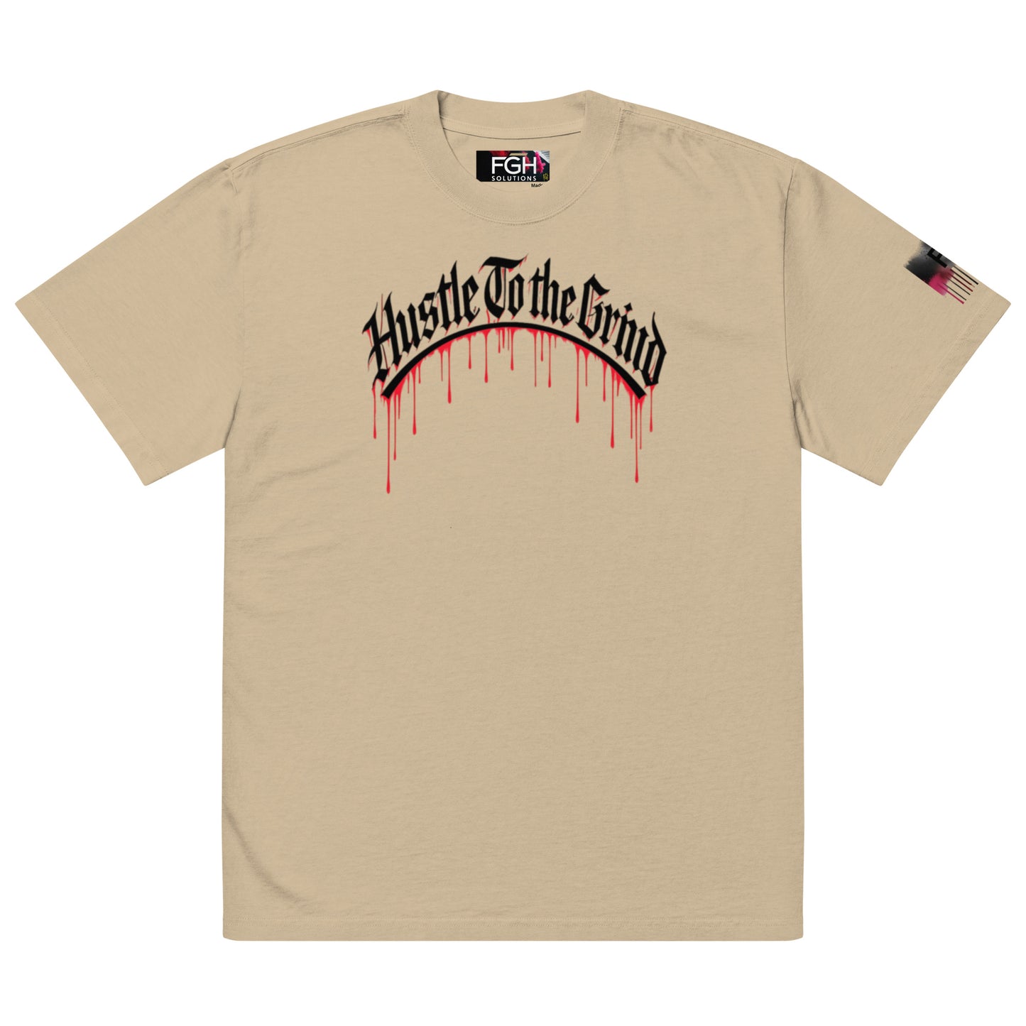 Oversized unisex T-shirt in faded bone color, featuring “Hustle to the Grind” streetwear graphic.