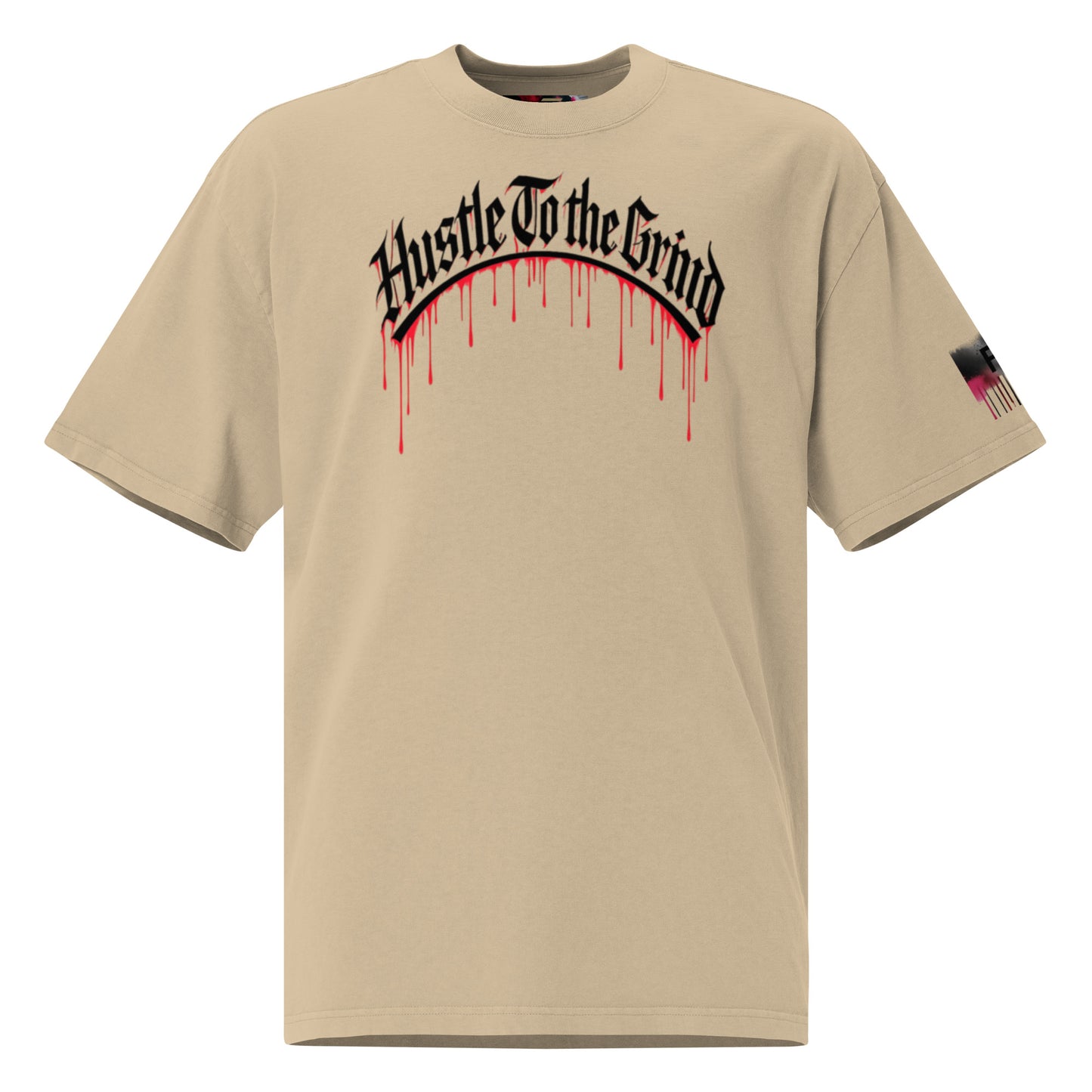 Oversized unisex T-shirt in faded bone color, featuring “Hustle to the Grind” streetwear graphic.