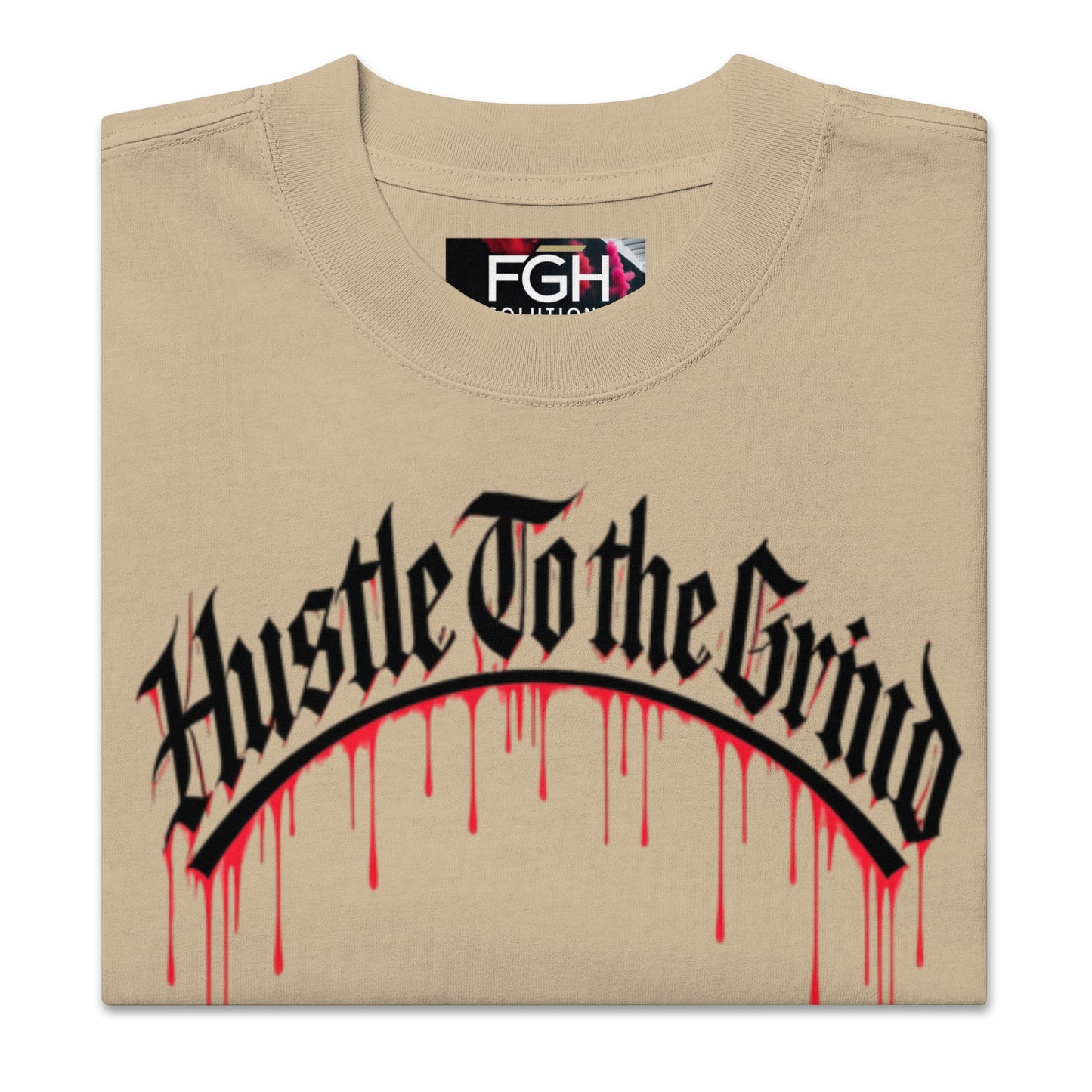 Oversized unisex T-shirt in faded bone color, featuring “Hustle to the Grind” streetwear graphic.