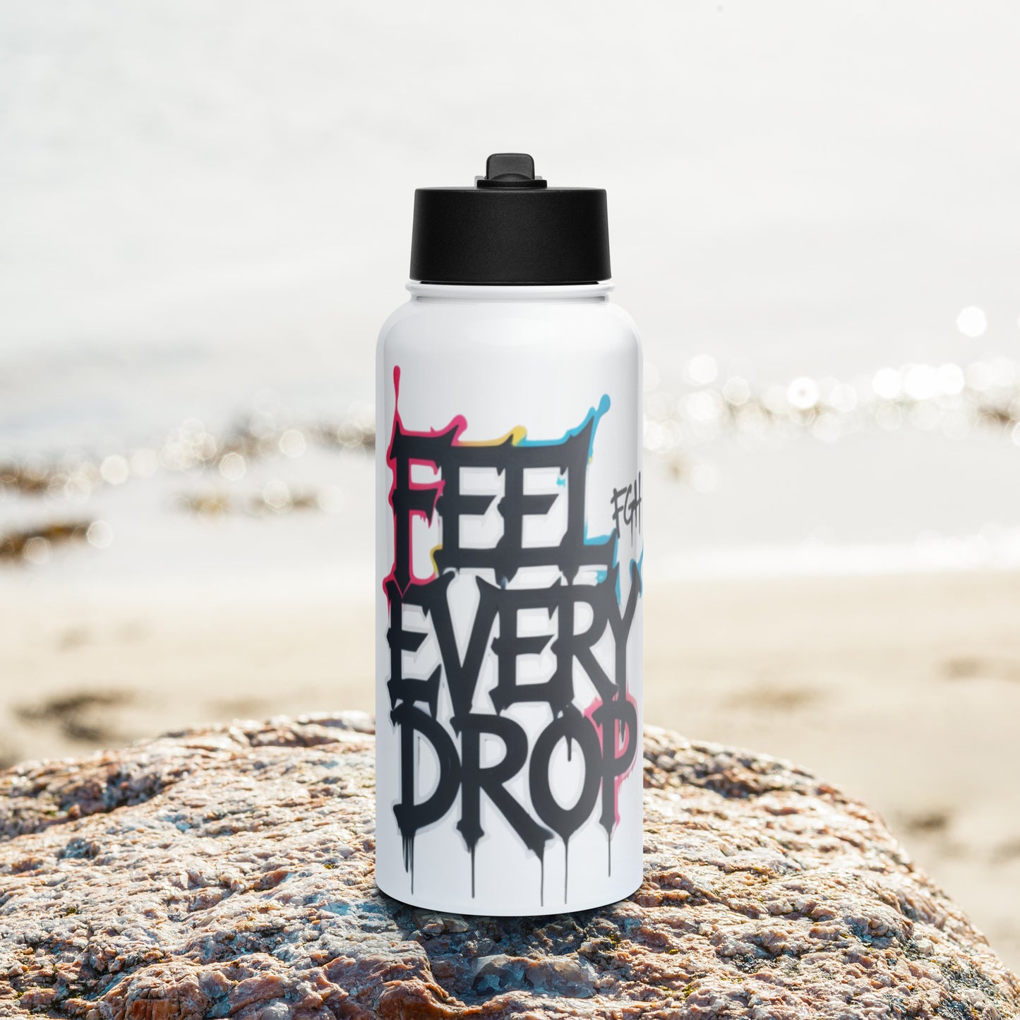 Feel Every Drop premium stainless steel water bottle with straw lid, featuring graffiti design.