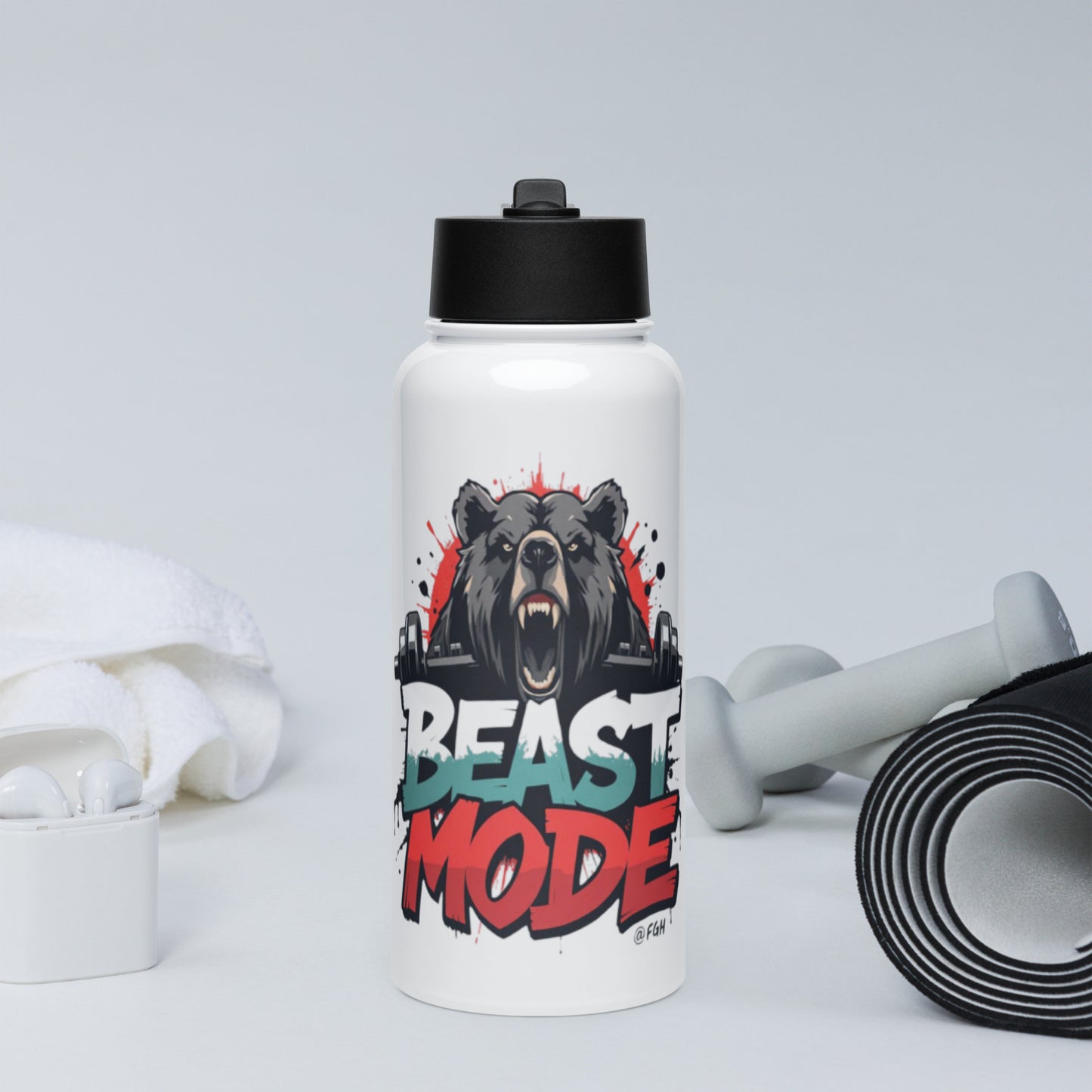Beast Mode premium stainless steel water bottle with straw lid, featuring graffiti design.
