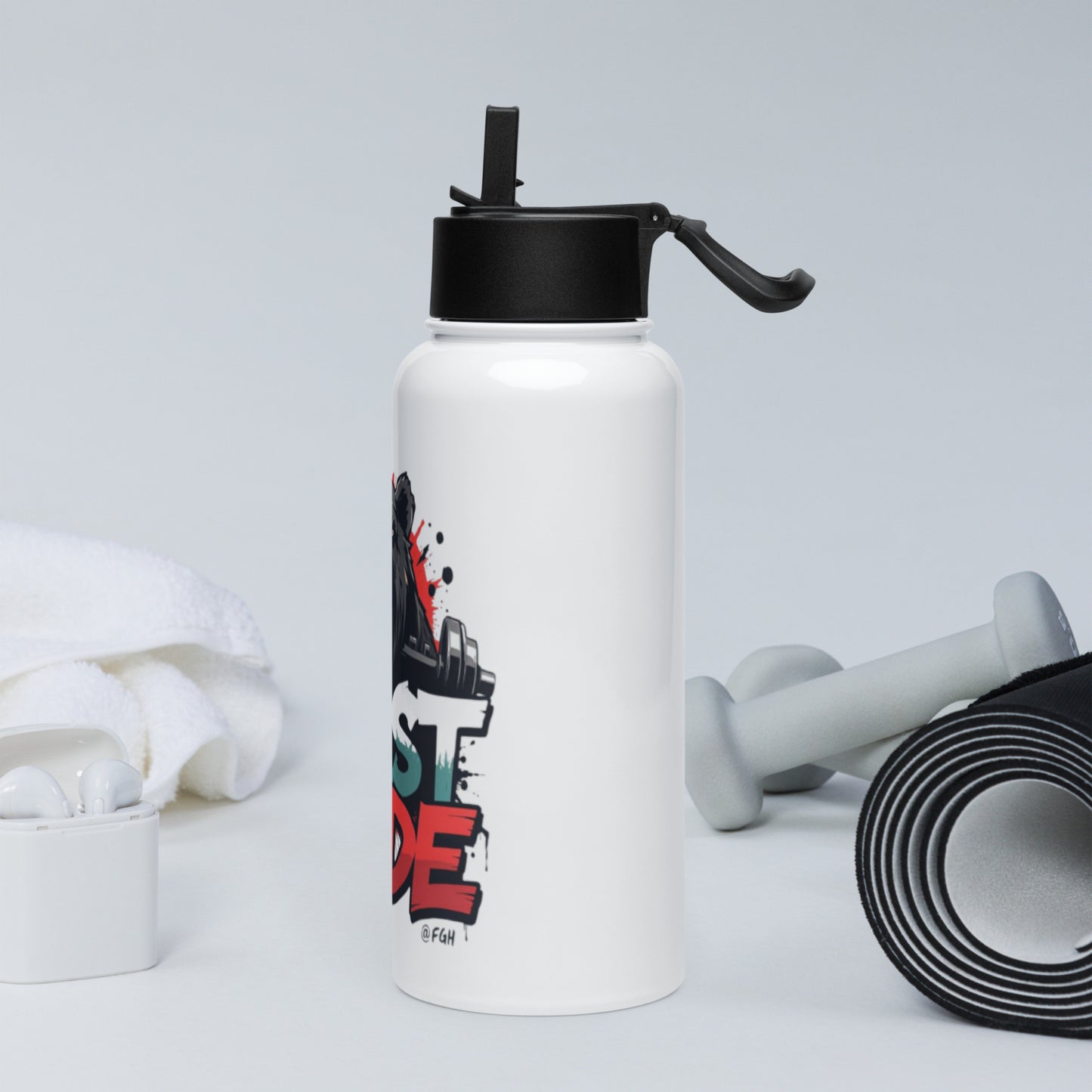 Beast Mode premium stainless steel water bottle with straw lid, featuring graffiti design.