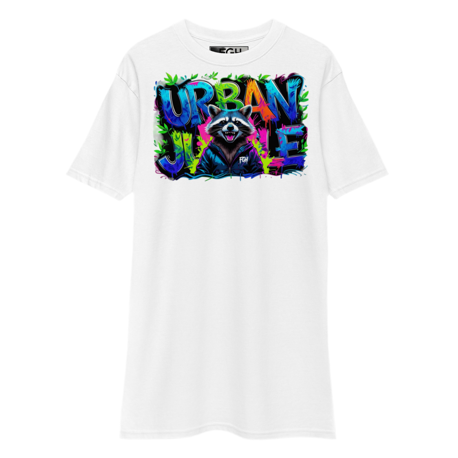 Urban Jungle Raccoon tee with premium graffiti design, limited edition for streetwear enthusiasts.