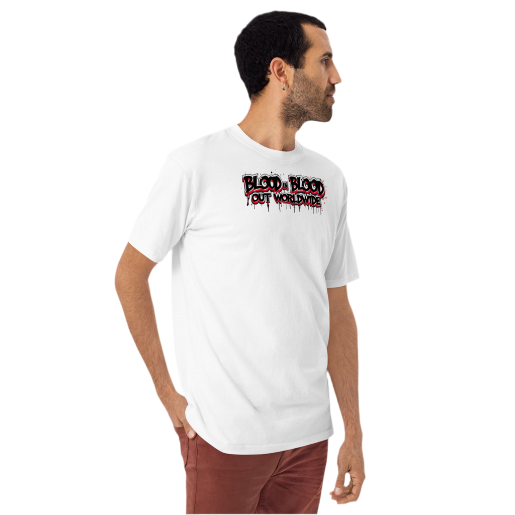 White heavyweight cotton tee with bold black and red graffiti text ‘Vatos Locos Forever – Blood in Blood Out Worldwide’ inspired by 90s cult movie