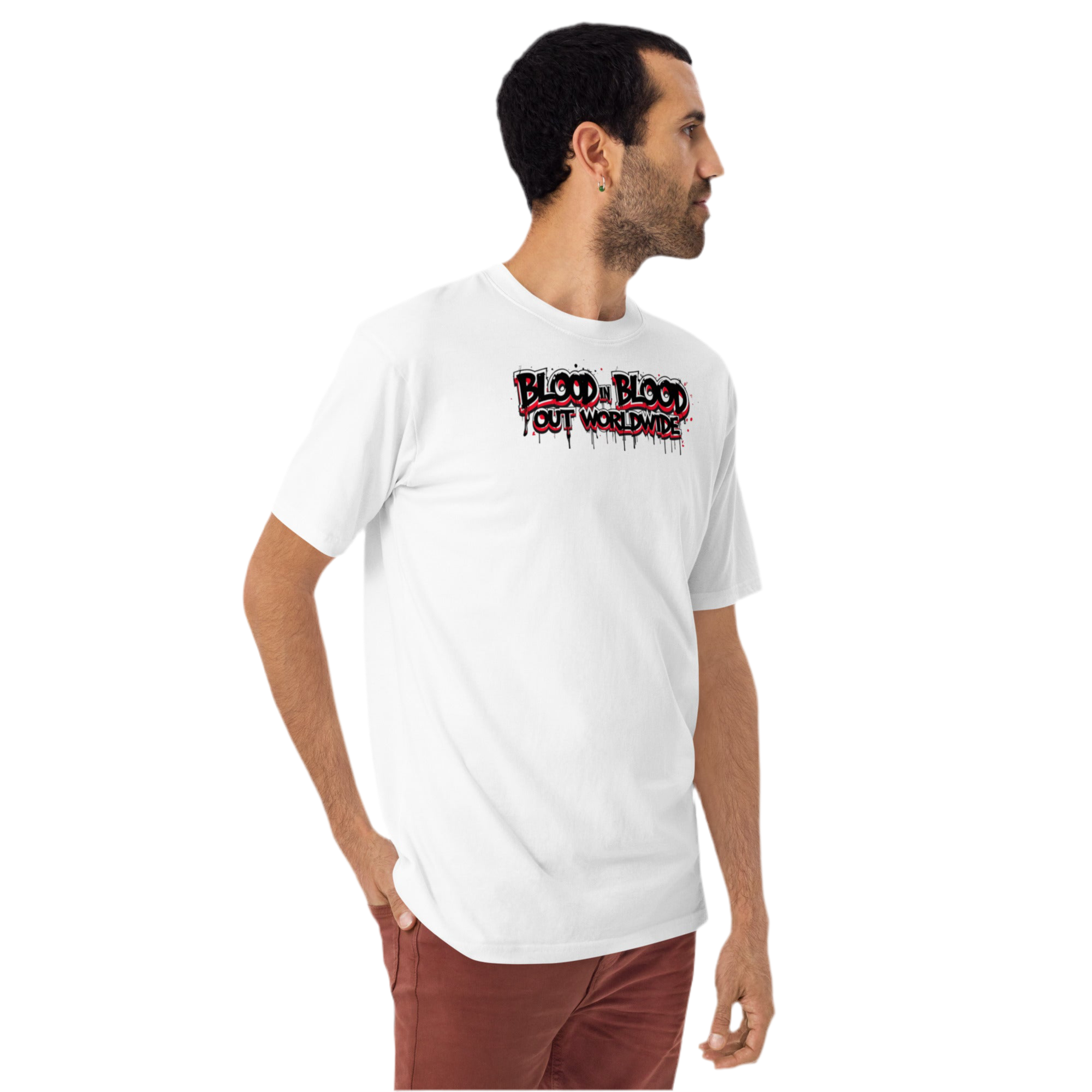 White heavyweight cotton tee with bold black and red graffiti text ‘Vatos Locos Forever – Blood in Blood Out Worldwide’ inspired by 90s cult movie