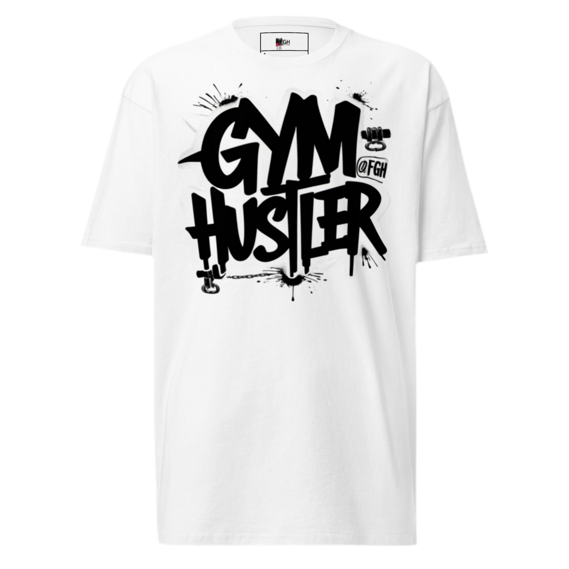 Premium white Gym Hustler T-shirt with bold Beastmode bear backprint and street-art style front tag – heavyweight unisex cotton fit