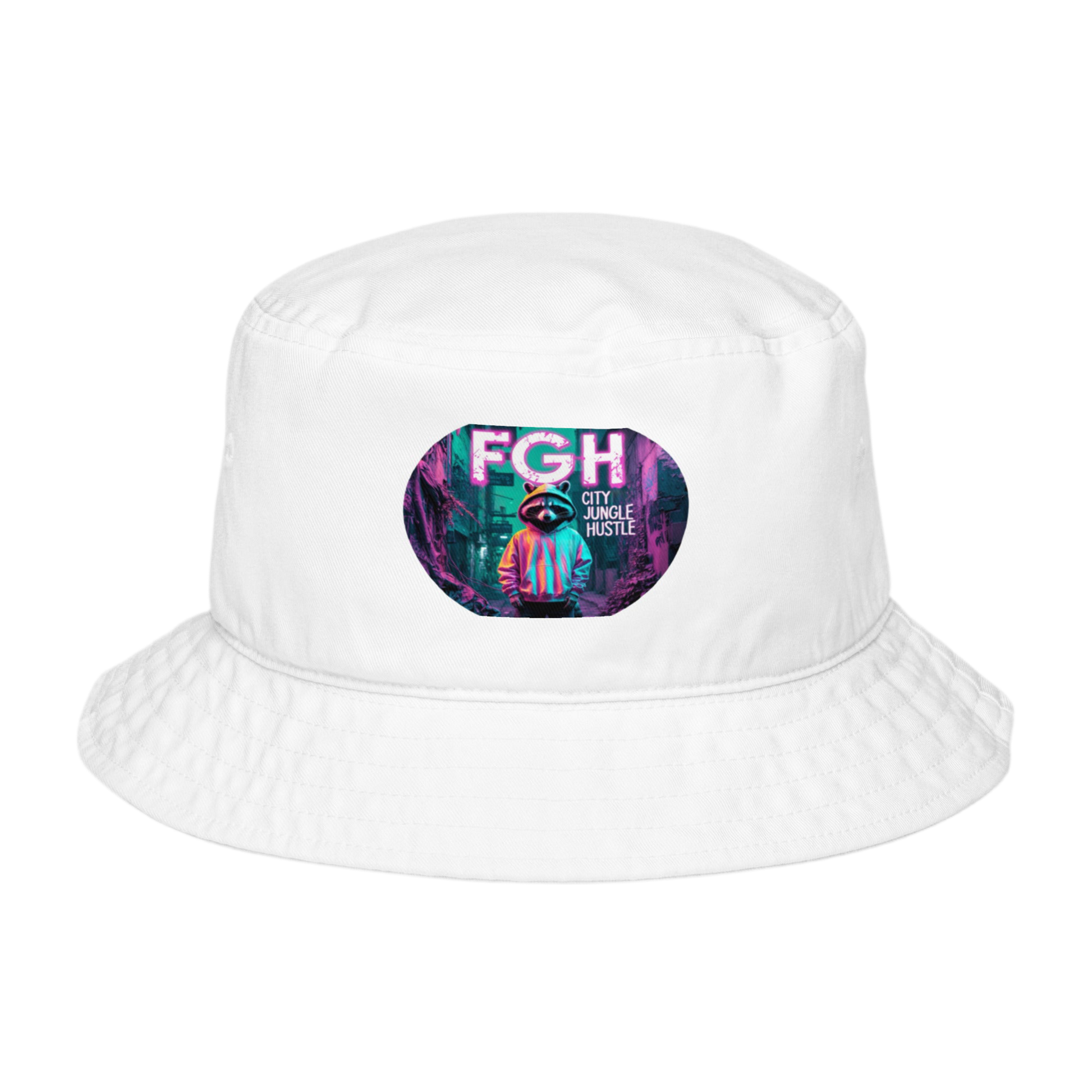 white “FGH Raccoon” organic bucket hat featuring vibrant graffiti embroidery and jungle-inspired urban streetwear design – FGH Collective exclusive.