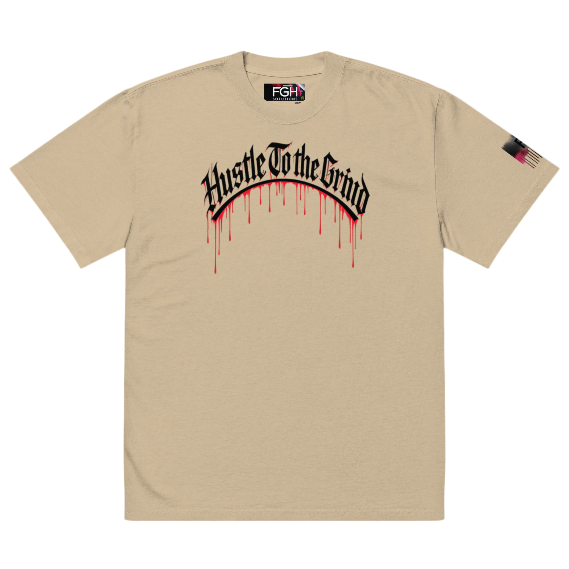 Oversized unisex T-shirt in faded bone color, featuring “Hustle to the Grind” streetwear graphic.