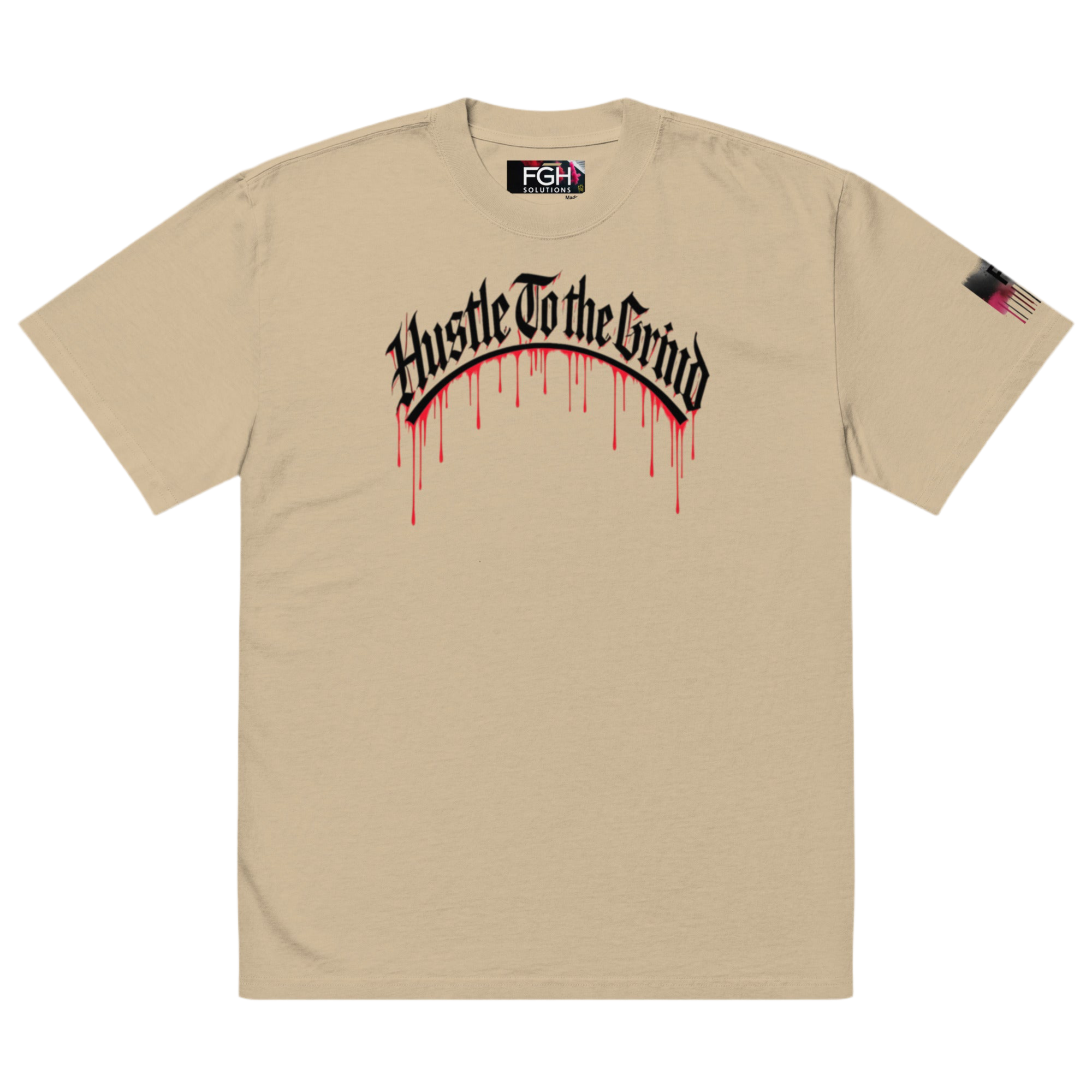Oversized unisex T-shirt in faded bone color, featuring “Hustle to the Grind” streetwear graphic.