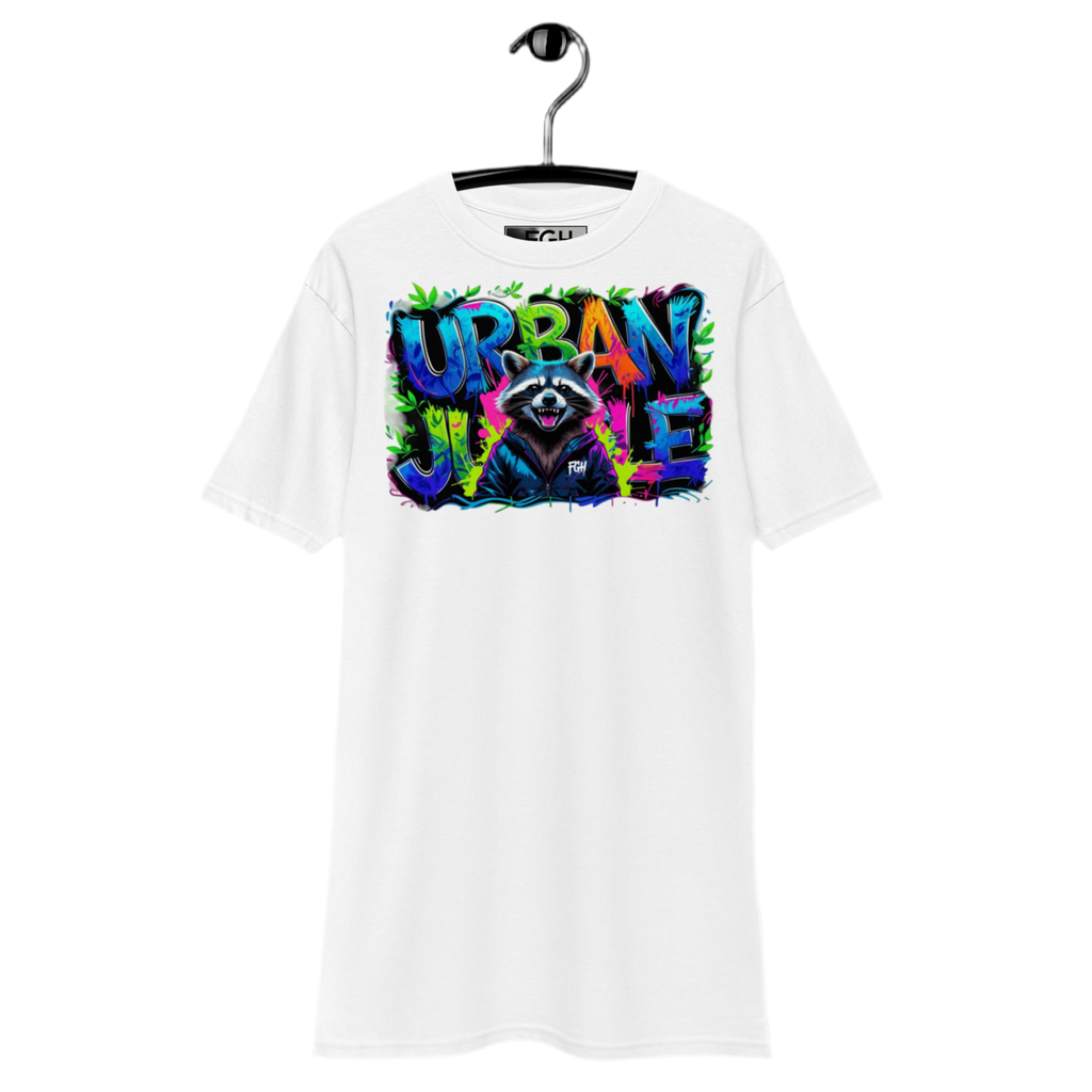 Urban Jungle Raccoon tee with premium graffiti design, limited edition for streetwear enthusiasts.