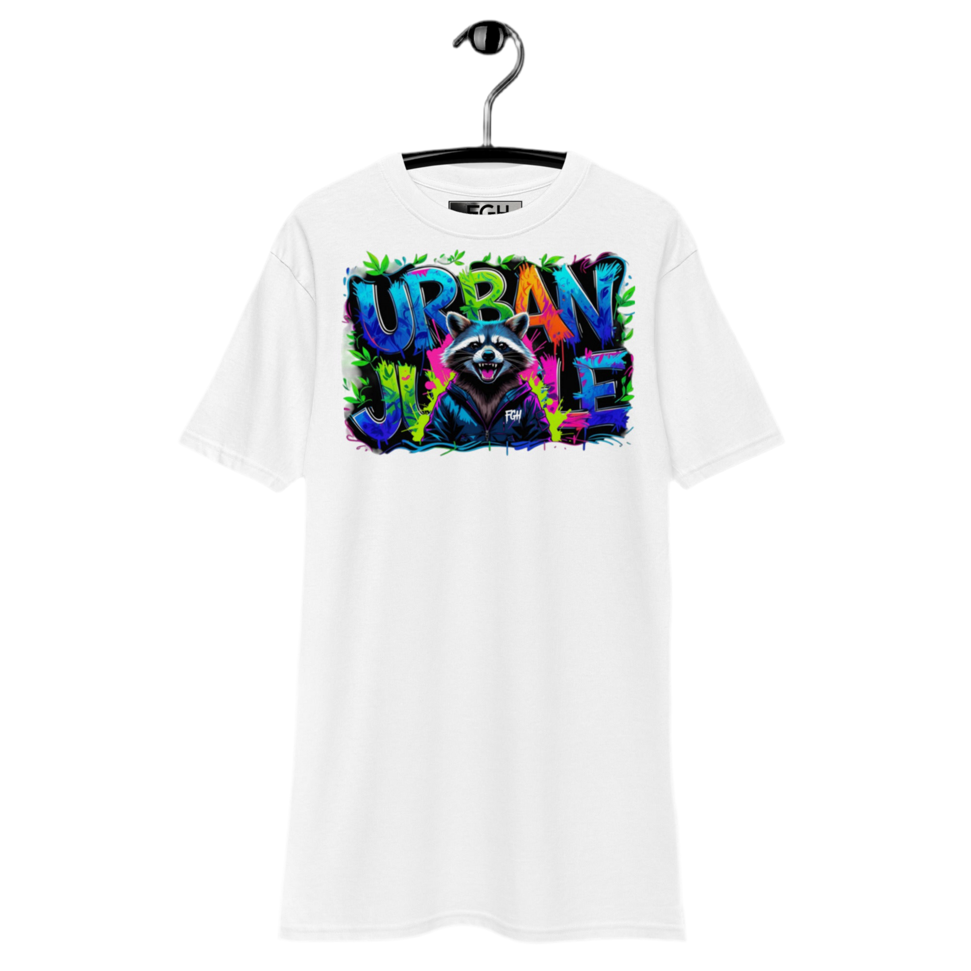Urban Jungle Raccoon tee with premium graffiti design, limited edition for streetwear enthusiasts.