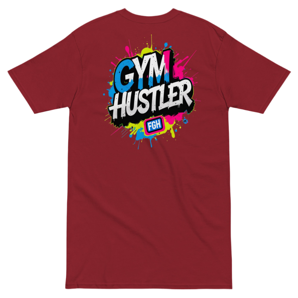 Red FGH Gym Hustler cotton shirt featuring urban graffiti design, premium streetwear for dedicated athletes.
