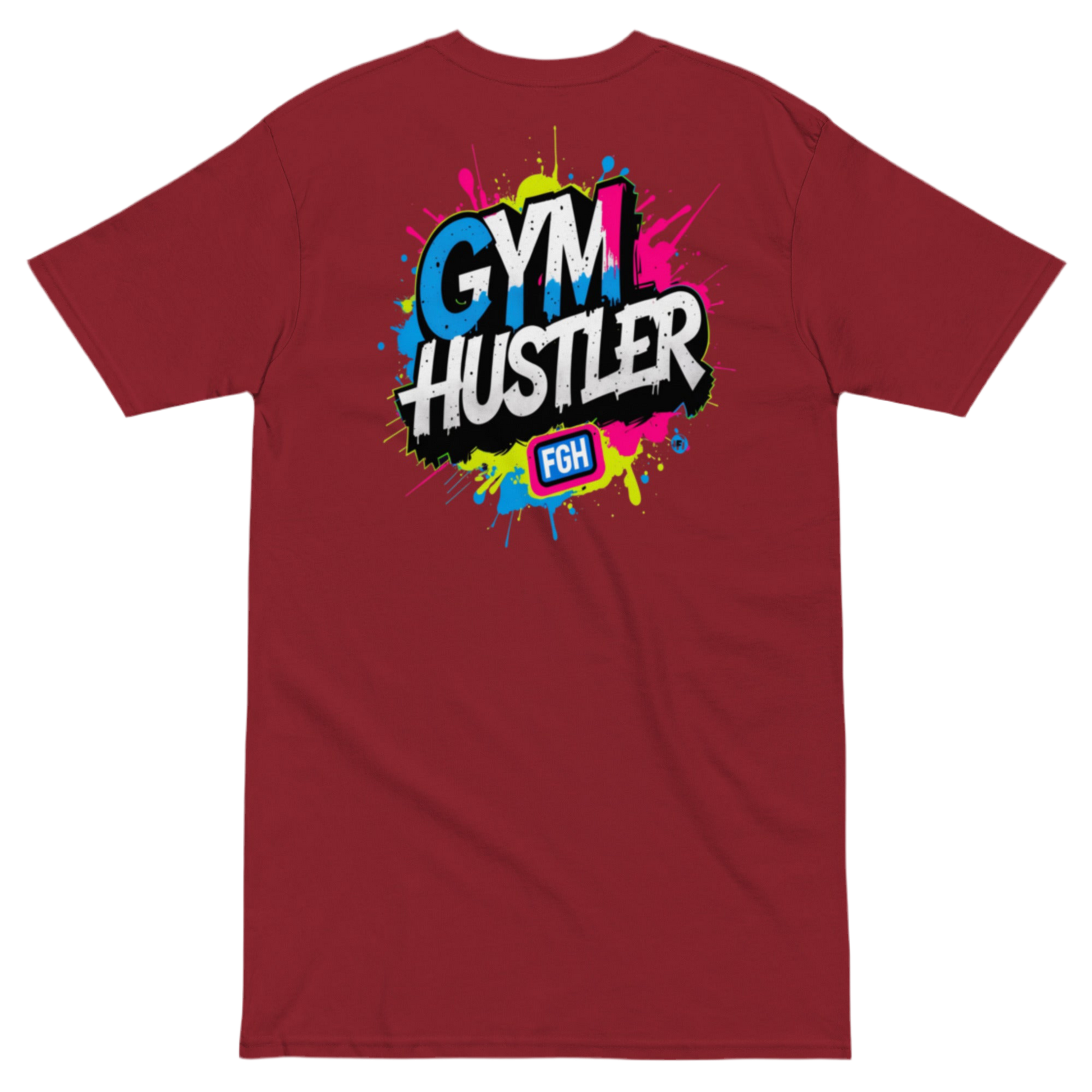 Red FGH Gym Hustler cotton shirt featuring urban graffiti design, premium streetwear for dedicated athletes.