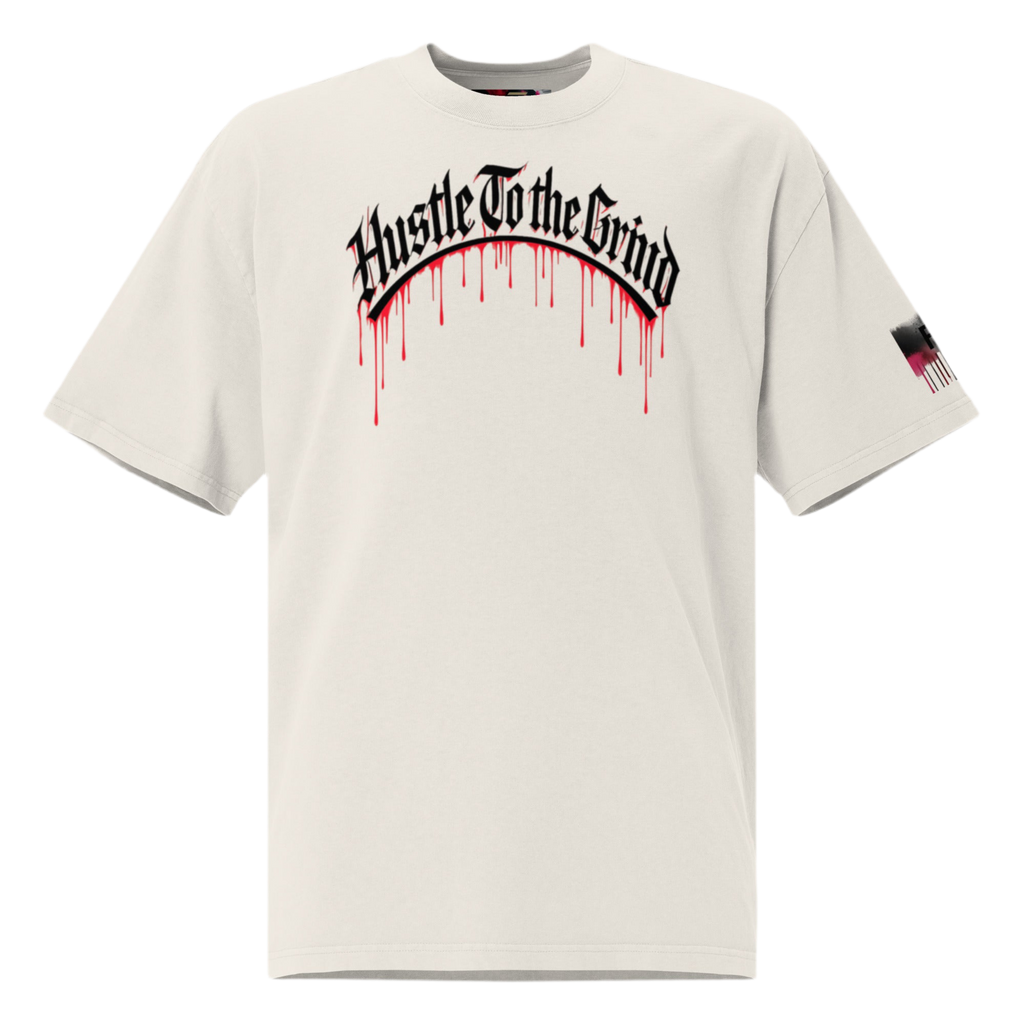 Oversized unisex “Hustle To the Grind” T-shirt in faded white, showcasing urban graffiti streetwear design.