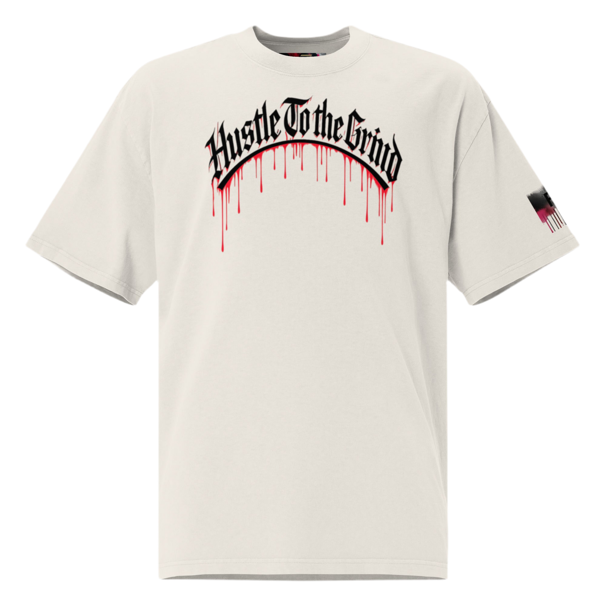 Oversized unisex “Hustle To the Grind” T-shirt in faded white, showcasing urban graffiti streetwear design.