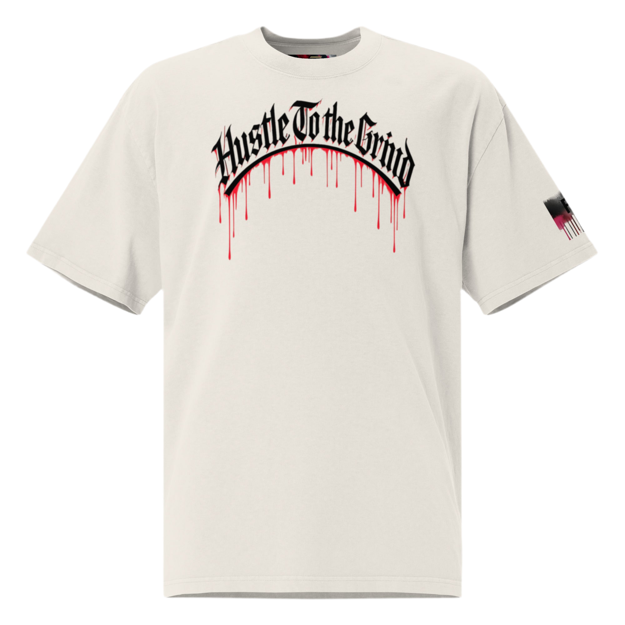 Oversized unisex “Hustle To the Grind” T-shirt in faded white, showcasing urban graffiti streetwear design.