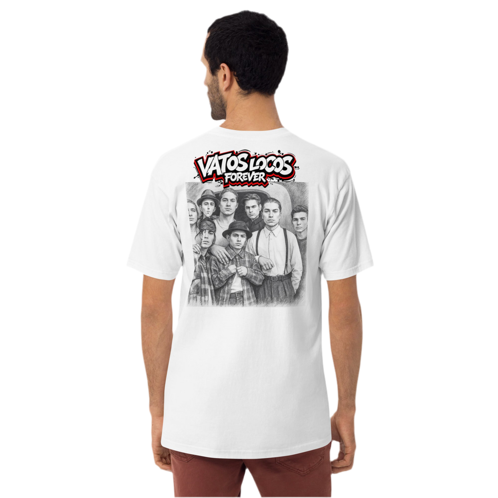 White heavyweight cotton tee with bold black and red graffiti text ‘Vatos Locos Forever – Blood in Blood Out Worldwide’ inspired by 90s cult movie