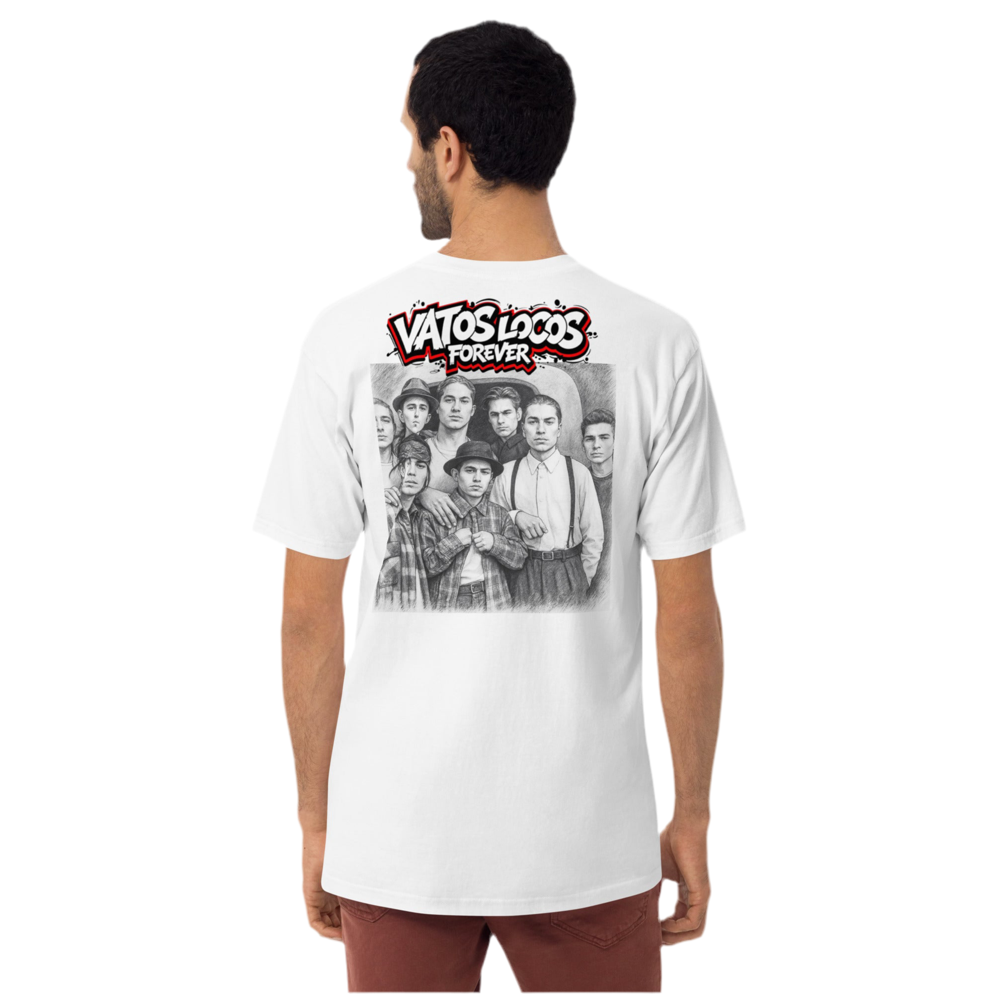 White heavyweight cotton tee with bold black and red graffiti text ‘Vatos Locos Forever – Blood in Blood Out Worldwide’ inspired by 90s cult movie