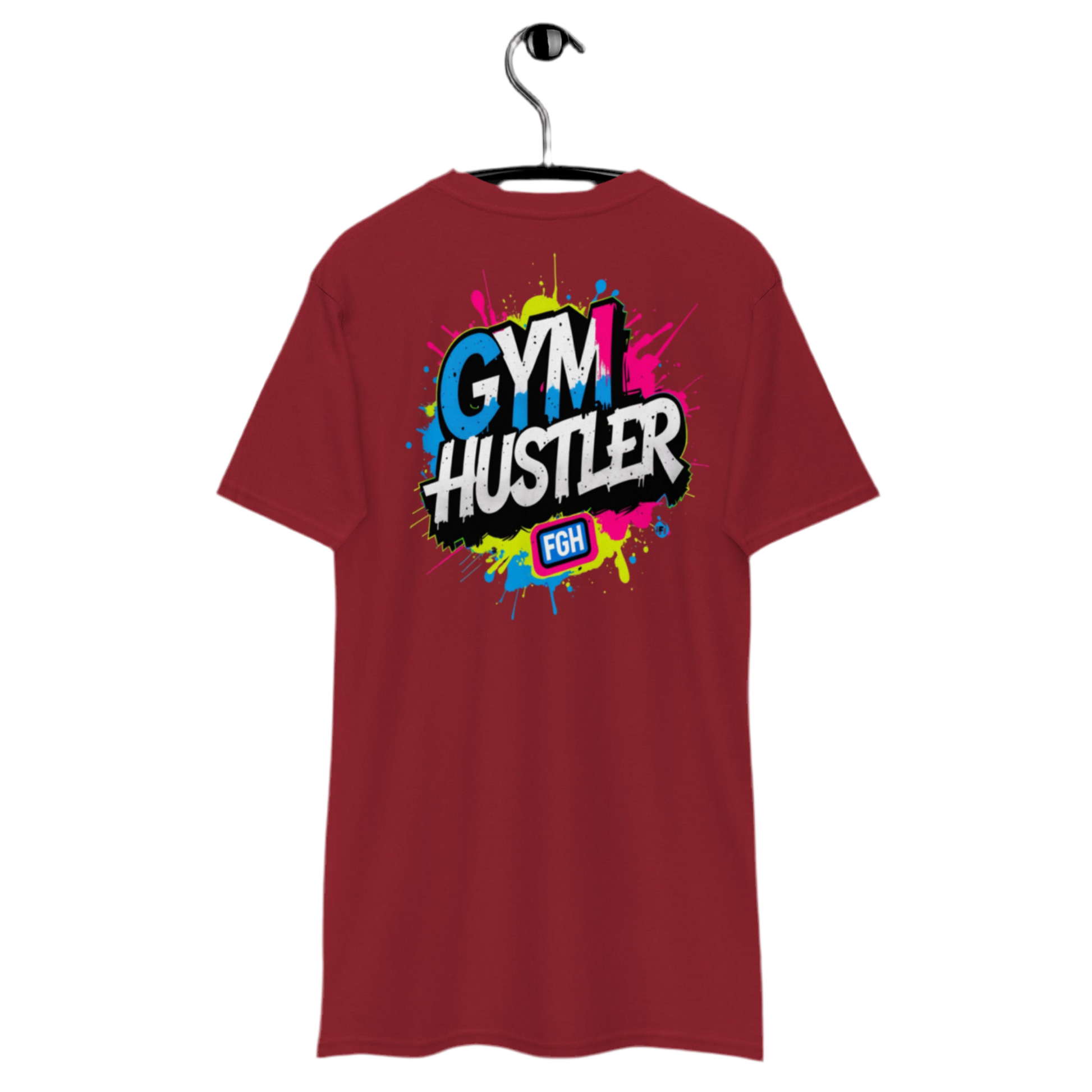 Red FGH Gym Hustler cotton shirt featuring urban graffiti design, premium streetwear for dedicated athletes.