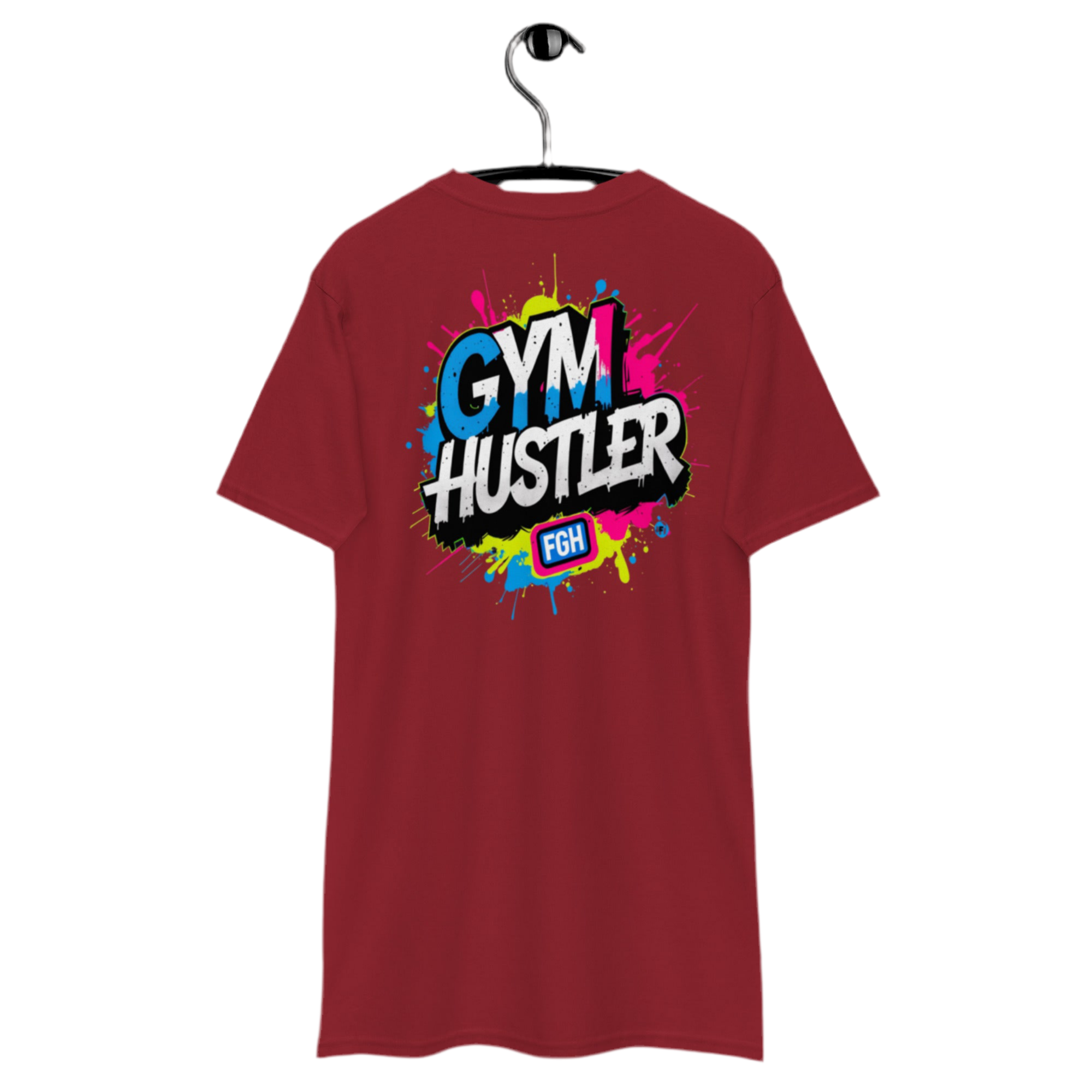 Red FGH Gym Hustler cotton shirt featuring urban graffiti design, premium streetwear for dedicated athletes.