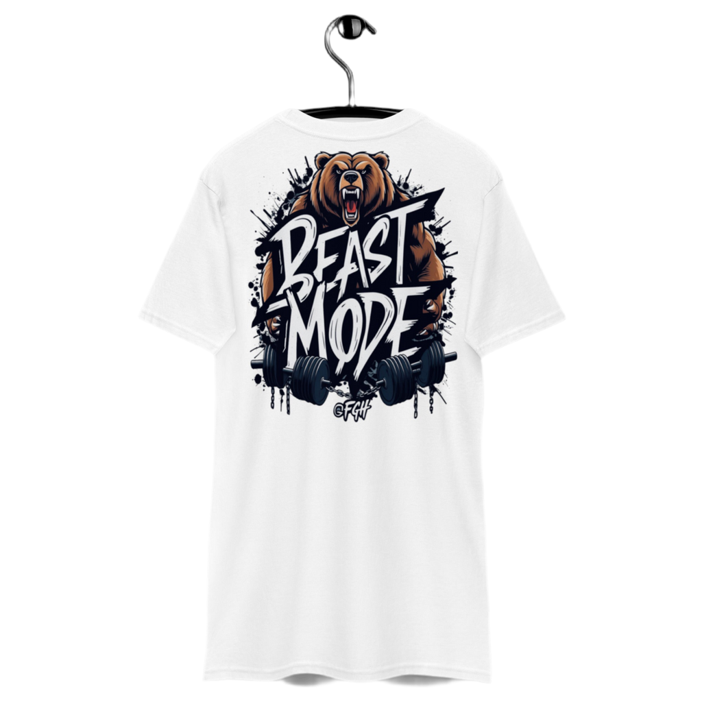 Premium white Gym Hustler T-shirt with bold Beastmode bear backprint and street-art style front tag – heavyweight unisex cotton fit