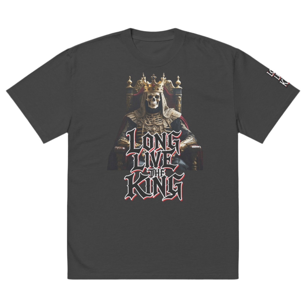 Front view of oversized gothic-style t-shirt featuring a crowned skeleton king on a throne with the graffiti text “Long Live The King” in red, white, and black