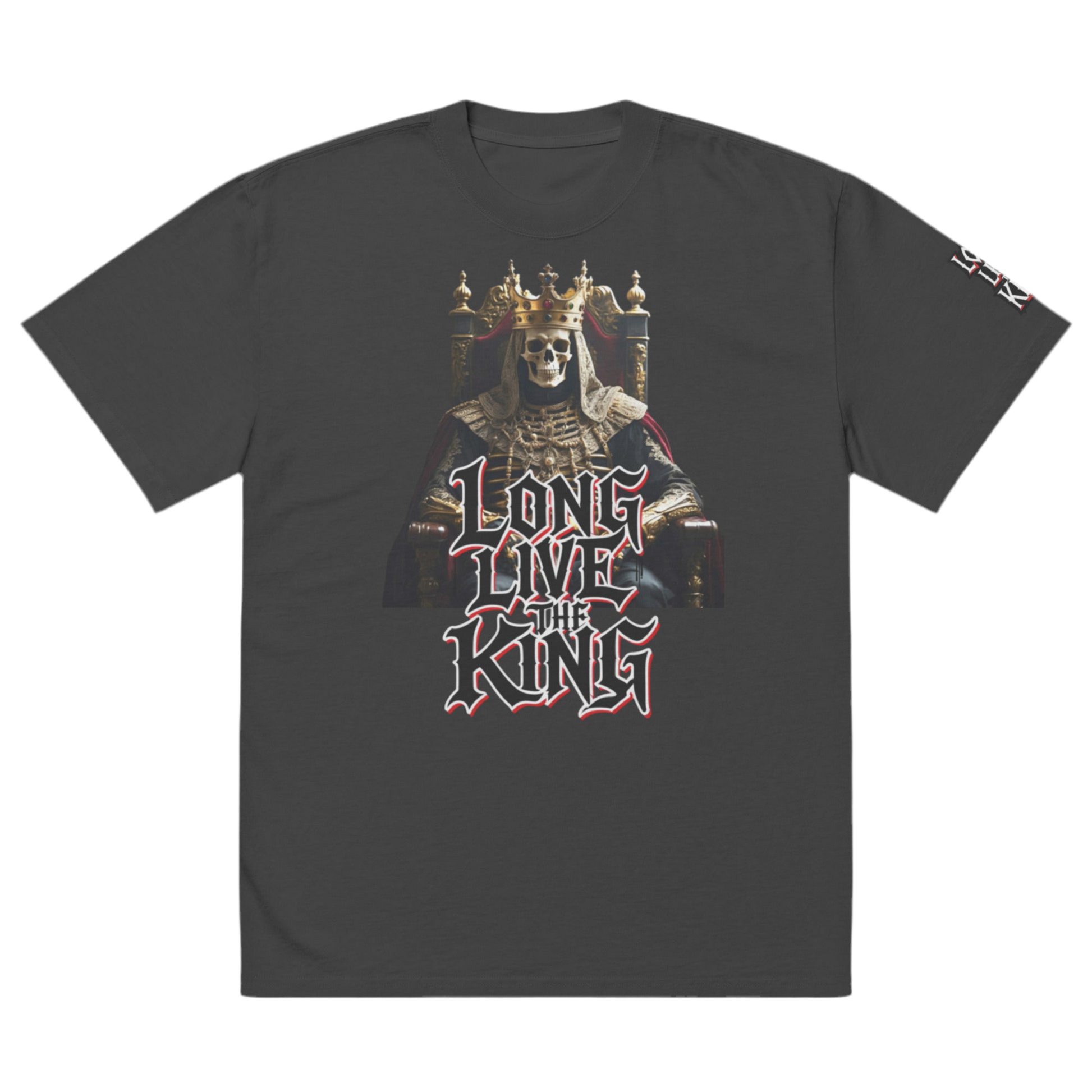 Front view of oversized gothic-style t-shirt featuring a crowned skeleton king on a throne with the graffiti text “Long Live The King” in red, white, and black