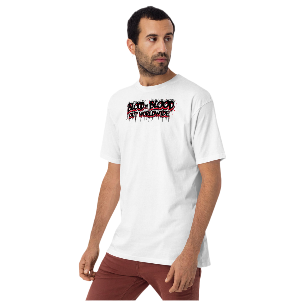 White heavyweight cotton tee with bold black and red graffiti text ‘Vatos Locos Forever – Blood in Blood Out Worldwide’ inspired by 90s cult movie