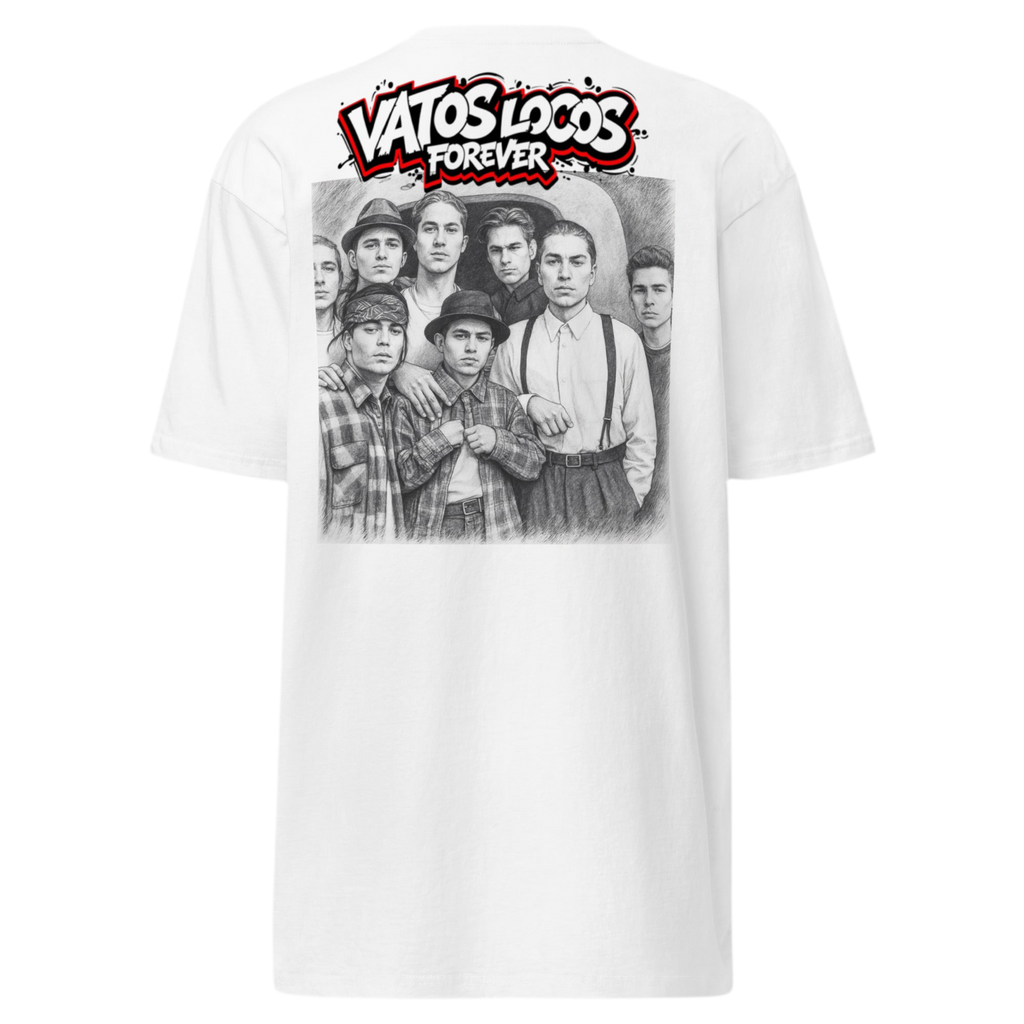 White heavyweight cotton tee with bold black and red graffiti text ‘Vatos Locos Forever – Blood in Blood Out Worldwide’ inspired by 90s cult movie