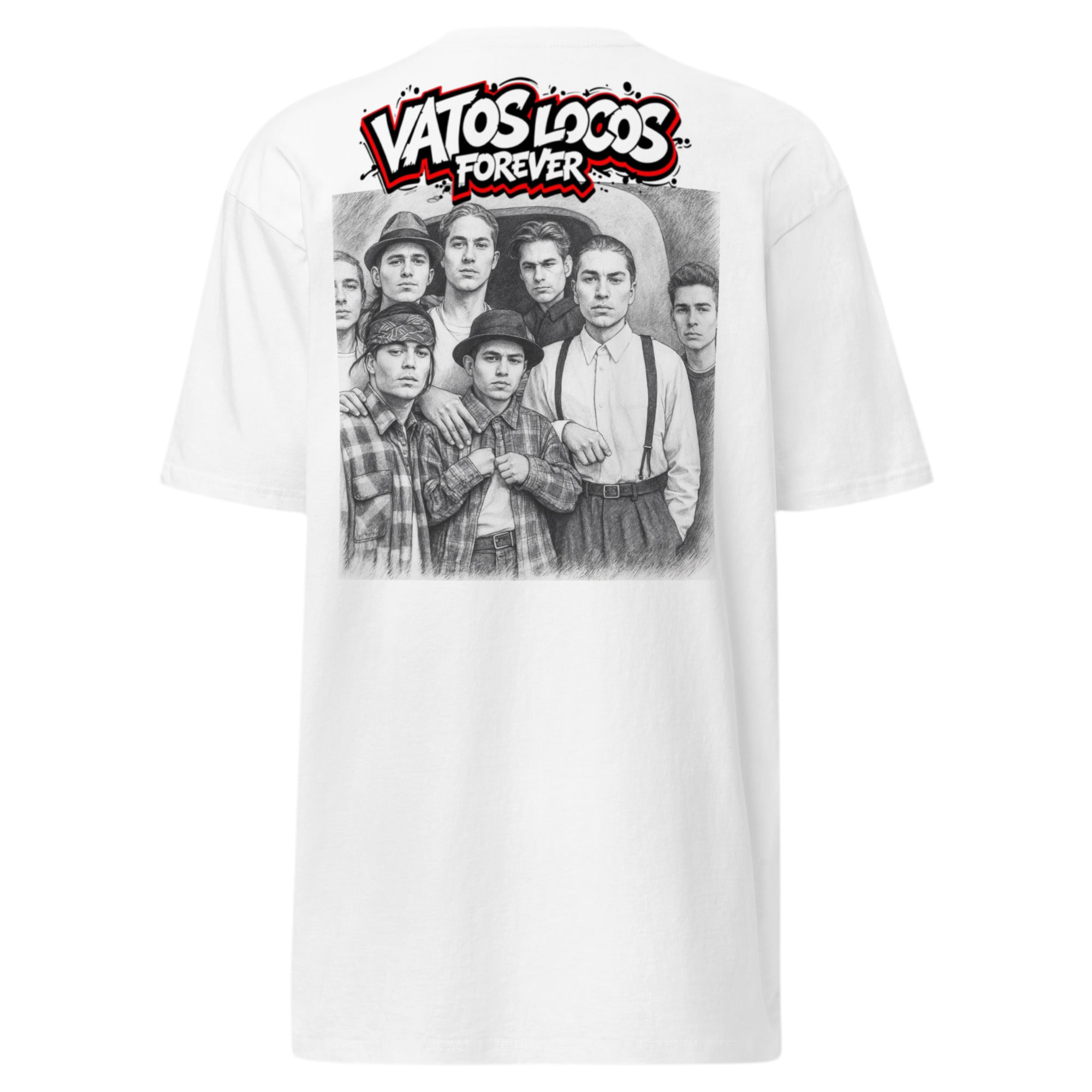 White heavyweight cotton tee with bold black and red graffiti text ‘Vatos Locos Forever – Blood in Blood Out Worldwide’ inspired by 90s cult movie