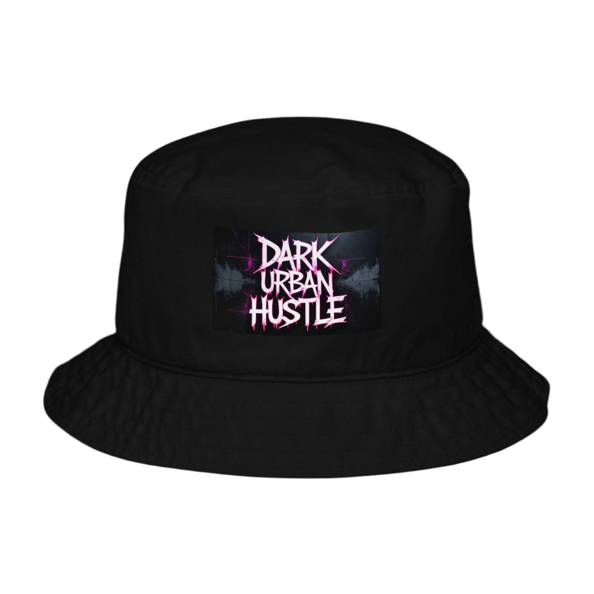 Dark Urban Hustle bucket hat in organic cotton with premium embroidery, designed for unisex streetwear enthusiasts.