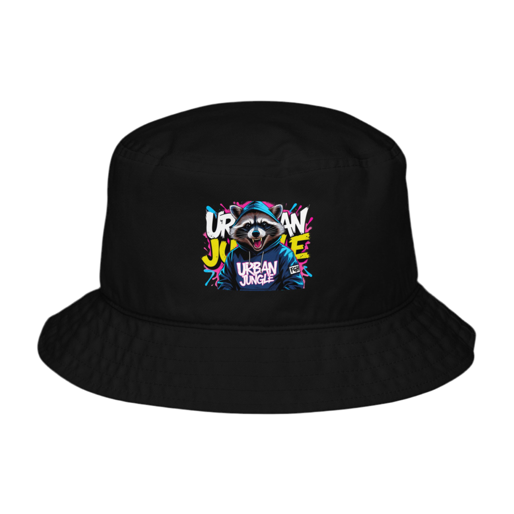Black “FGH Raccoon” organic bucket hat featuring vibrant graffiti embroidery and jungle-inspired urban streetwear design – FGH Collective exclusive.