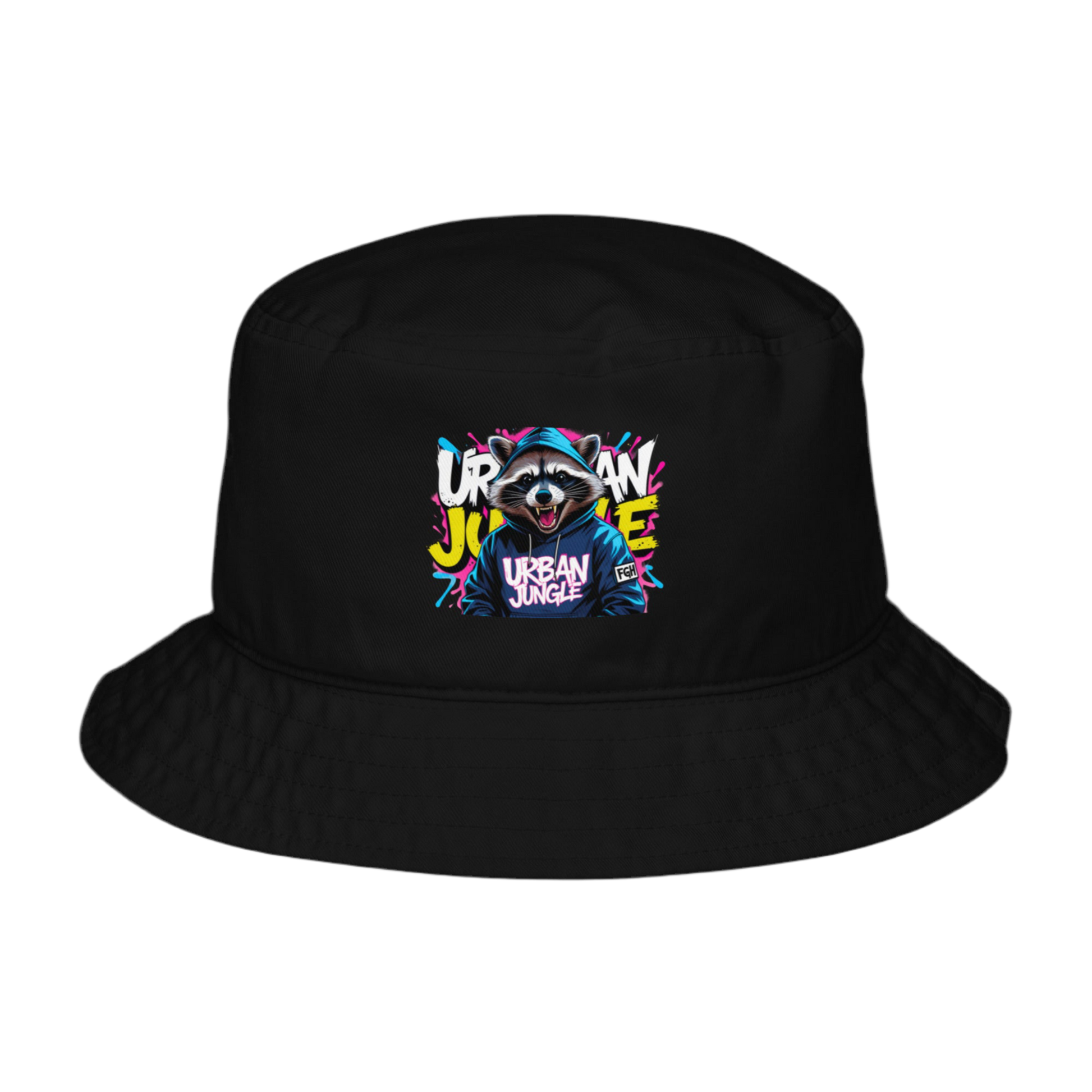 Black “FGH Raccoon” organic bucket hat featuring vibrant graffiti embroidery and jungle-inspired urban streetwear design – FGH Collective exclusive.