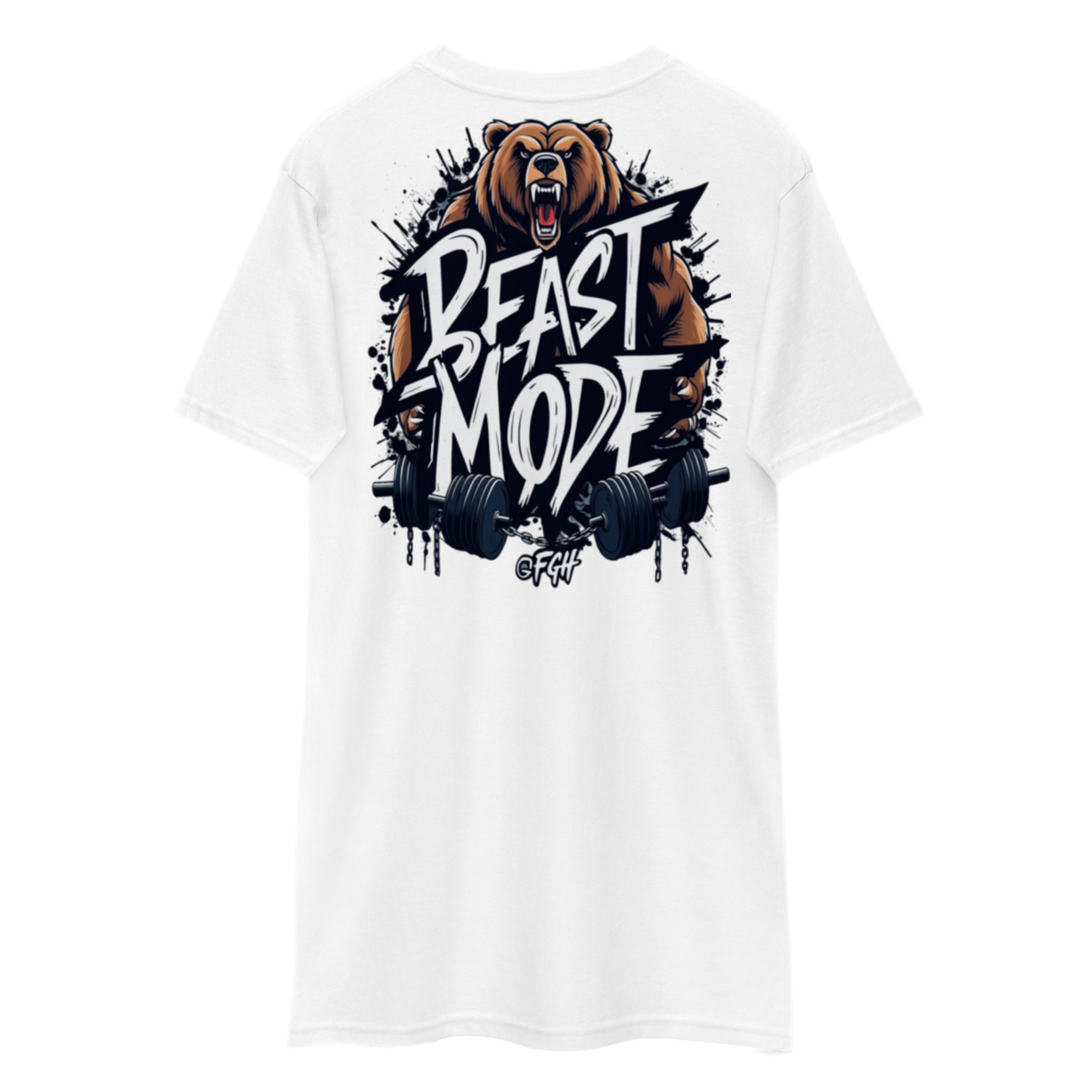 Premium white Gym Hustler T-shirt with bold Beastmode bear backprint and street-art style front tag – heavyweight unisex cotton fit