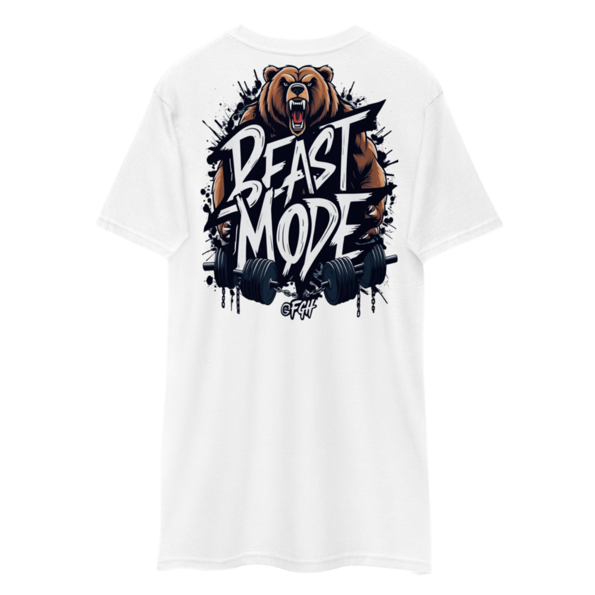 Premium white Gym Hustler T-shirt with bold Beastmode bear backprint and street-art style front tag – heavyweight unisex cotton fit