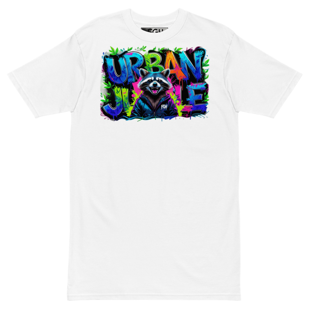 Urban Jungle Raccoon tee with premium graffiti design, limited edition for streetwear enthusiasts.