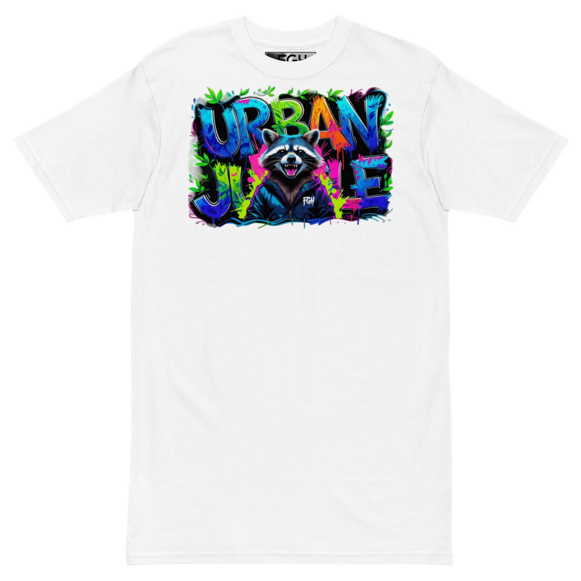 Urban Jungle Raccoon tee with premium graffiti design, limited edition for streetwear enthusiasts.