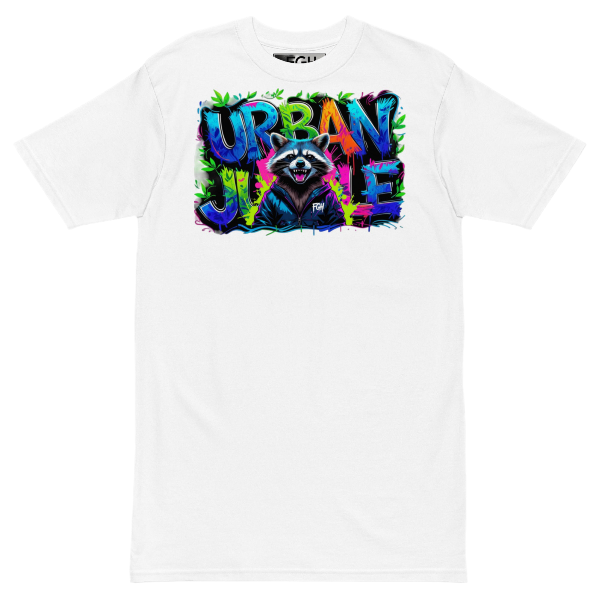 Urban Jungle Raccoon tee with premium graffiti design, limited edition for streetwear enthusiasts.